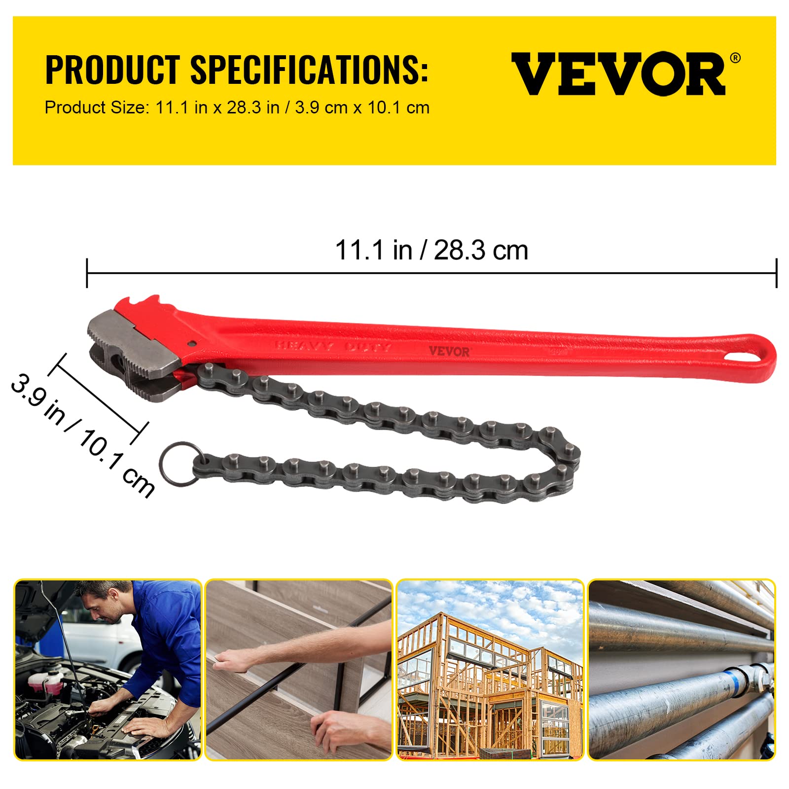 VEVOR Clé Serre-tubes à Chaîne de 760 mm, Clé à Griffe pour Tuyaux 110-185 mm, Clé à Tuyau de Plomberie en Acier Robuste, pour Robinet d'Évier, Cuvette de Toilette, Égouttoir, Salle de Bain, Cuisine