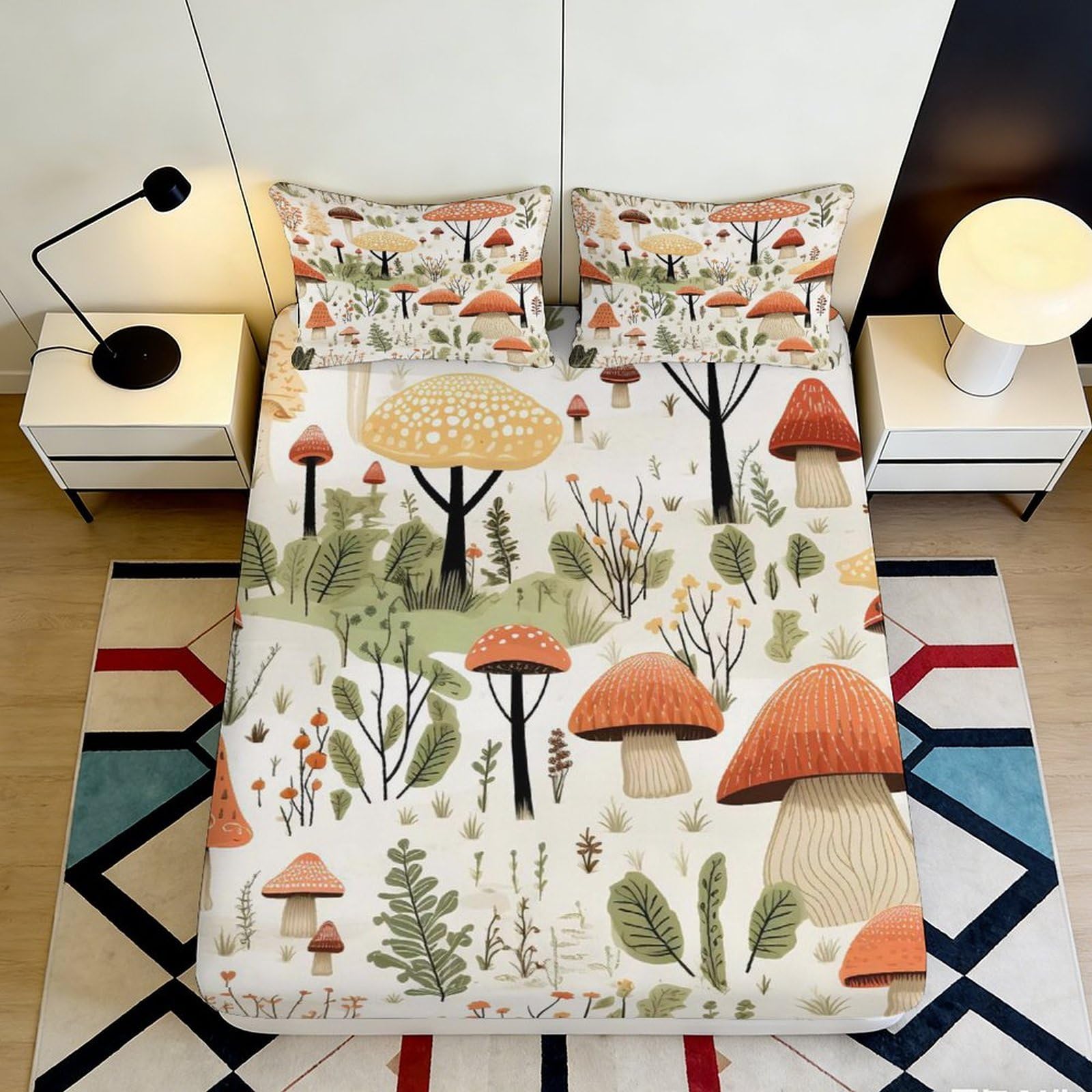 3D Printed Mushroom Fitted Sheet Microfiber Soft Breathable Botanical Bed Cover for Bedroom Dormitory Guest Room Mattress Protection Decor 160x200x25cm