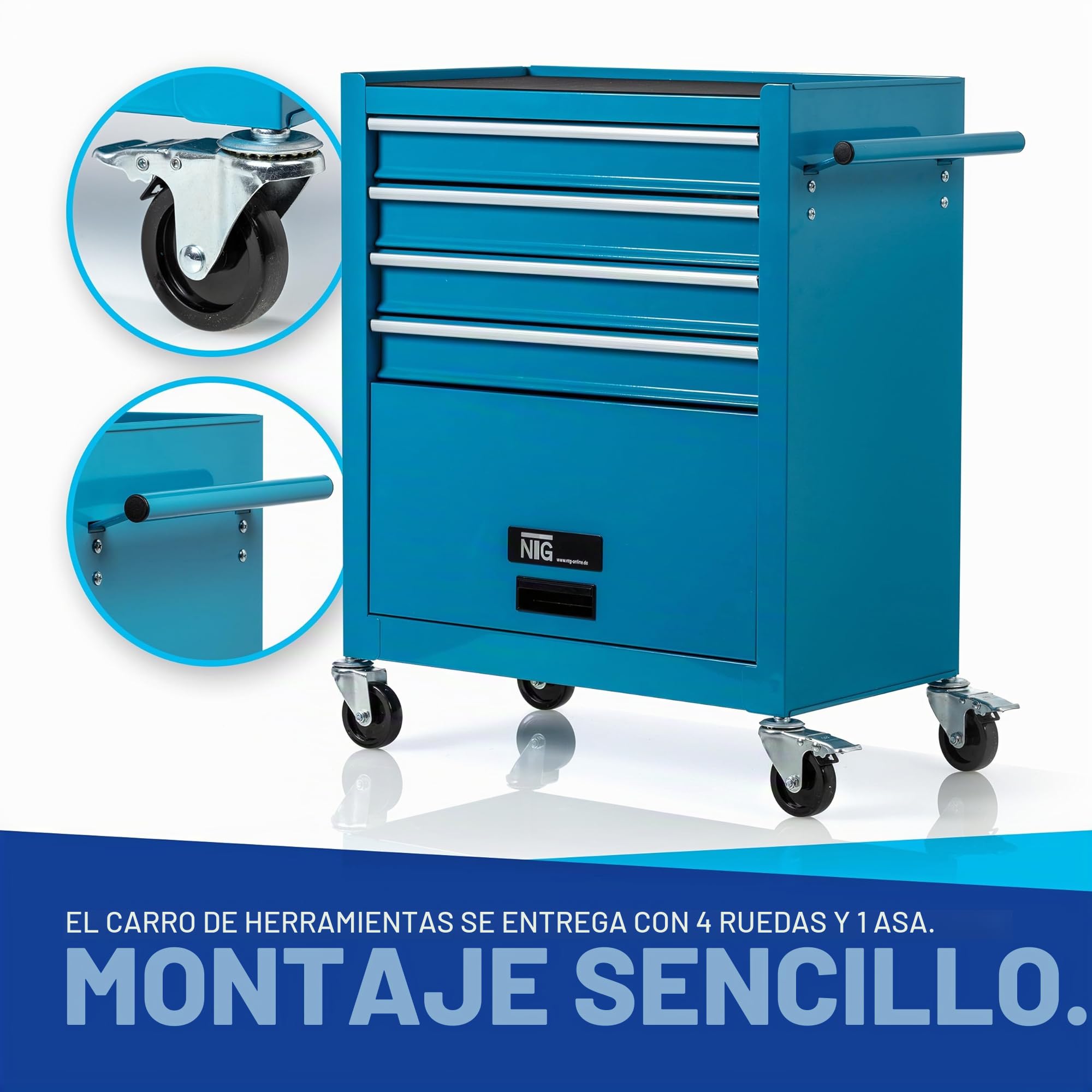 NTG Organización perfecta para taller, carrito de taller, carrito de herramientas, incluye herramientas 70 piezas, 4 cajones con rodamientos de bolas + compartimento grande, protección de transporte