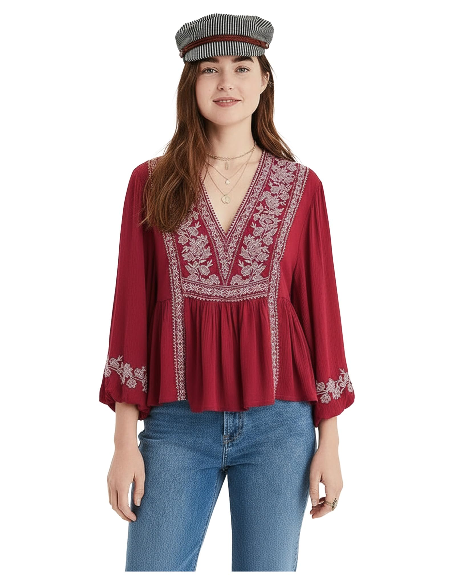GoSriKi Womenâ€™s Rayon Viscose Embroidered Boho Peplum Top with V-Neckline, Floral Thread Work, 3/4 Sleeve Casual Ethnic Fusion Tunic, Office Wear & Festive Styling in neutral