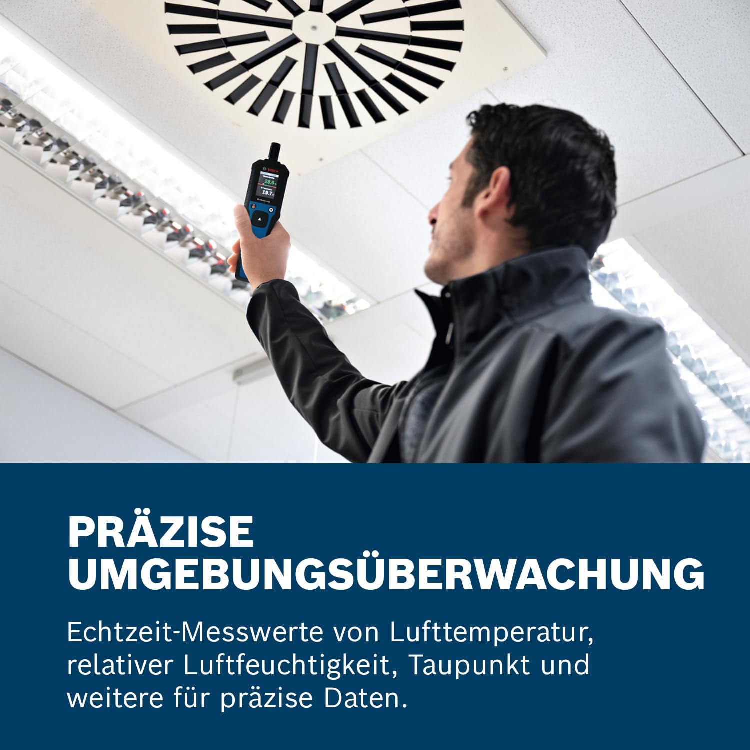 Bosch Professional Thermo-Hygrometer GDH 1-17 (Echtzeit-Messwerte, kontrastreiche Farb-LCD-Anzeige, Schutzklasse IP 65, Gummiverstärktes Gehäuse, 2x AA-Batterie, Tasche)