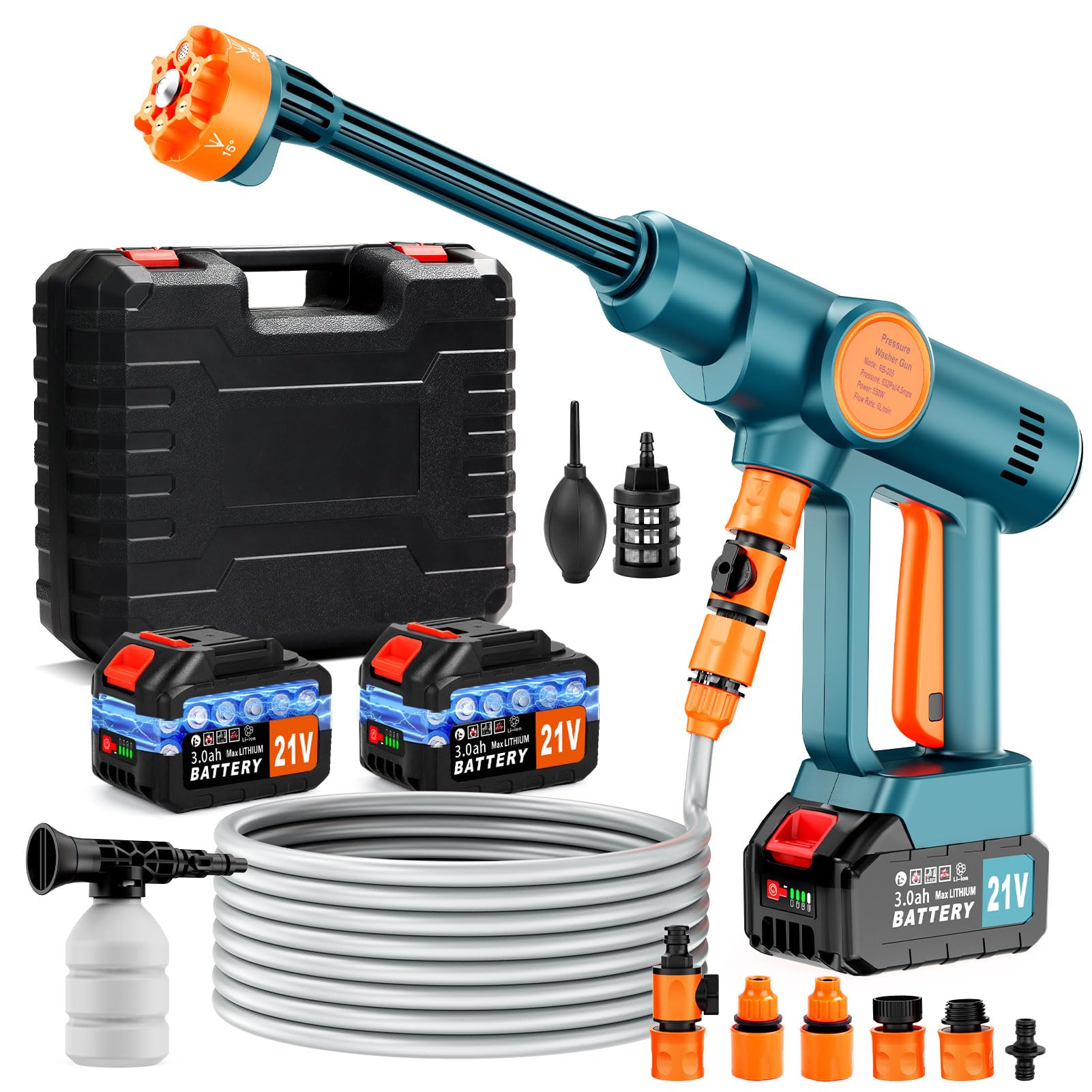 Idropulitrice Portatile a Batteria con Collegamento a Rubinetto Diretto,Idropulitrice Elettrica Portatile Senza Fili con 2×3.0Ah Batteria, Ugello 6 in 1,per Auto, Giardino,Terrazza,Prato e Irrigazione