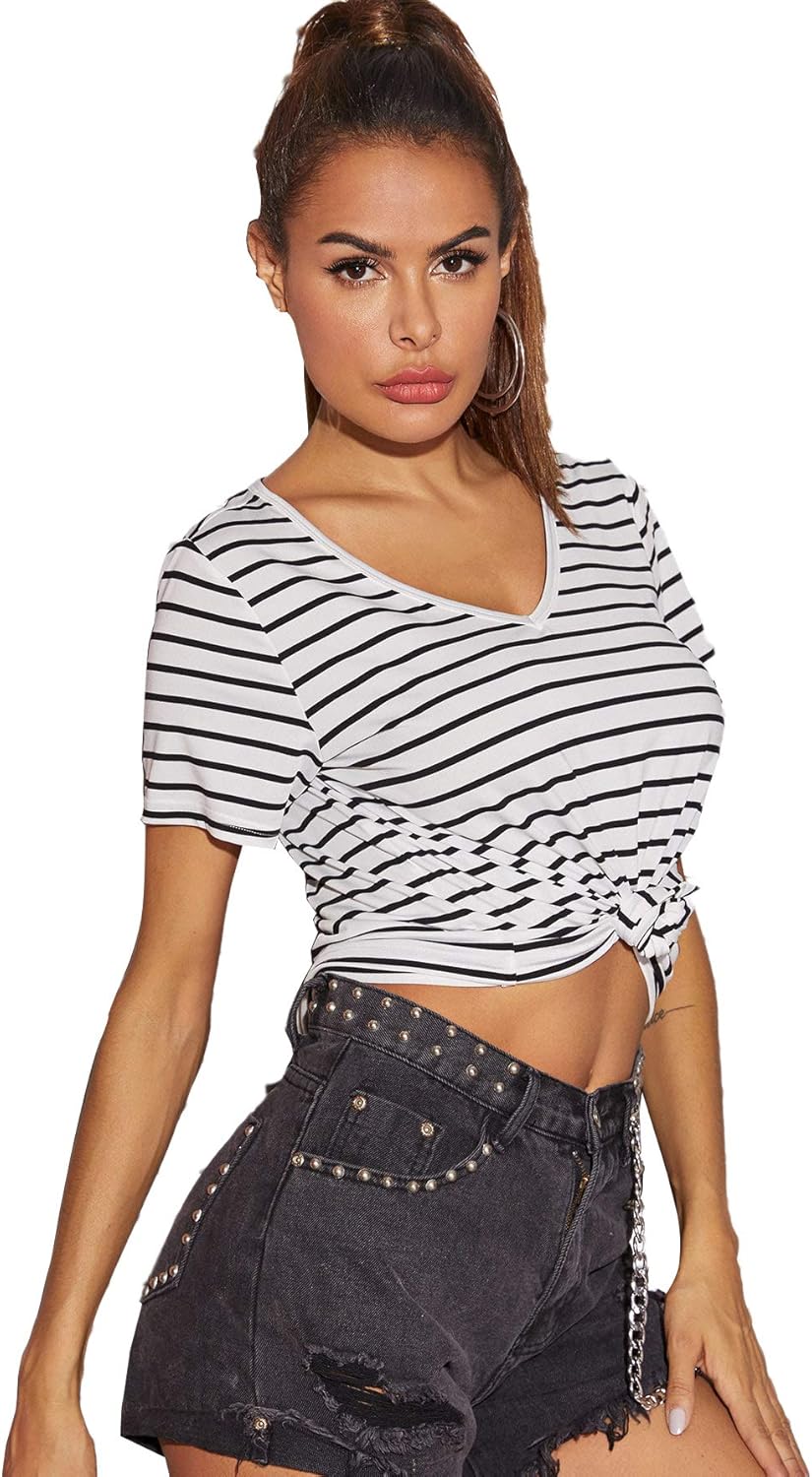 SheIn Women's Summer Short Sleeve Plain Casual Tee T-Shirt Loose Fit Black Thin Stripes X-Small