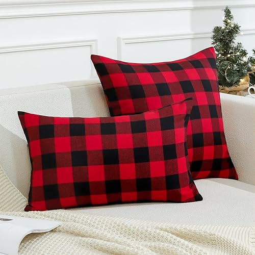 Miniatura 3 de OTOSTAR Paquete de 2 fundas de almohada clásicas de lino a cuadros navideños de 16 x 16 pulgadas, fundas de cojín cuadradas suaves para decoración