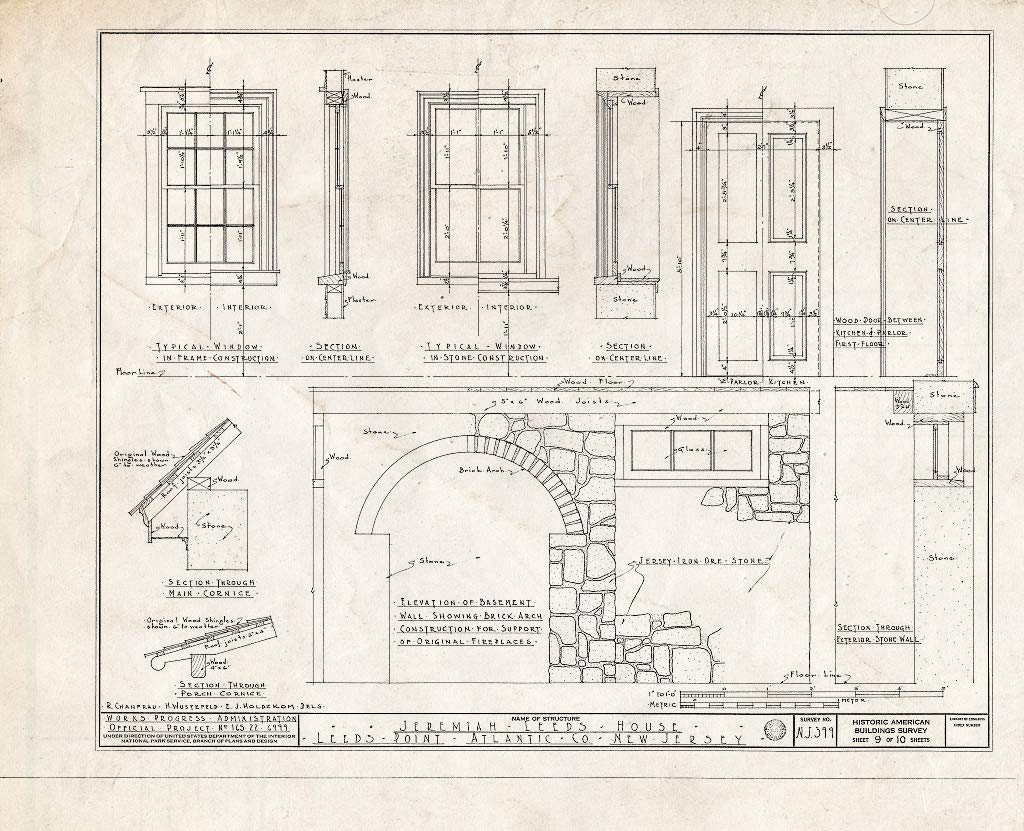 Historic PictoricBlueprint HABS NJ,1-LEEPO,1- (Sheet 9 of 10) - Japhet Leeds House, Moss Mill Road, Leeds Point, Atlantic County, NJ 20in x 16in