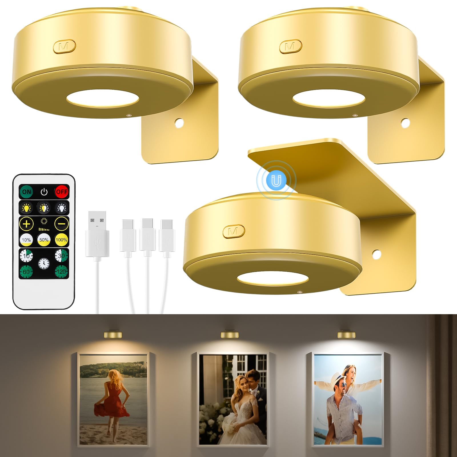 Clarynt 3 Pcs Picture Lights, Rechargeable Battery Operated Dimmable 3-Color Wall Light with Remote & Timer for Paintings, Artwork, Gallery, Wall Decor, Photo Frames