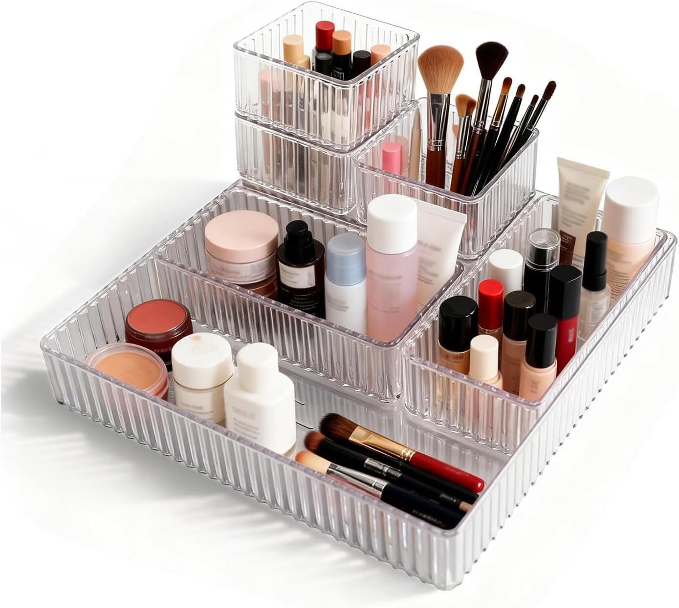 Clear Drawer Organizers Bins: 7 PCS Stackable Makeup Drawer Organizer Trays, 3 Size Plastic makeup divider, Drawer Storage Containers, Drawer Dividers for for Vanity Bathroom Desk Office Bedroom
