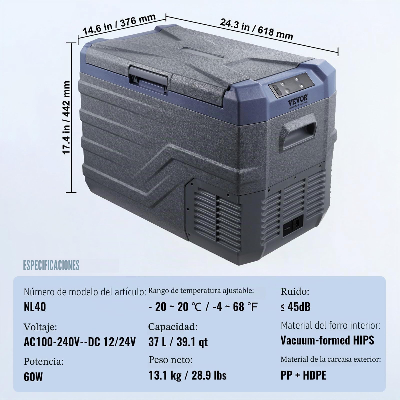 VEVOR Nevera de Compresión Portátil 37 L Mini Nevera para Coche 12/24V CC y 100-240V CA Caja Enfriadora de Zona Única Temperatura Ajustable de -20°C a 20°C para Camión Barco Casa 618 x 376 x 442 mm