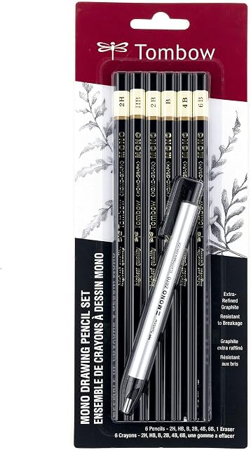 Tombow Mono Professional Drawing Pencil Set, 6 Pencils and Mono Zero Eraser, 2H, HB/B/2B/4B/6B Degrees (61002)