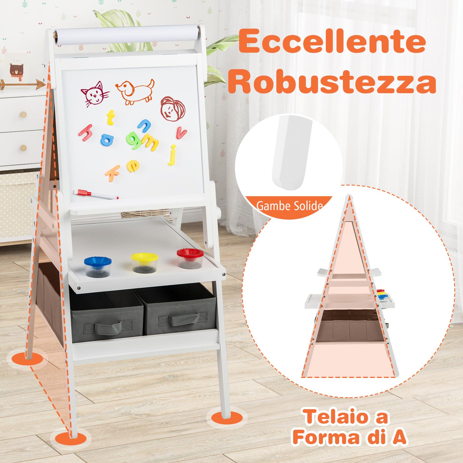 RELAX4LIFE Cavalletto per Bambini, Cavalletto a Doppia Faccia con Rullo di Carta, Vassoi di Stoccaggio, 4 Tazze per Pittura e 2 Cassetti, Cavalletto Disegno in Legno per Bambini 3-10 Anni