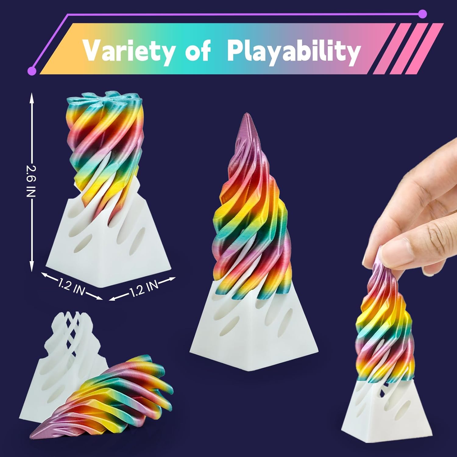 3 Packs Spiral Fidget Impossible Cone,3D Printed Optical Illusion Desk Toys Stress Relief Sculpture, Unique Office Gifts Teens Adults Kids Stocking Stuffers Christmas White Elephant(White-Rainbow)