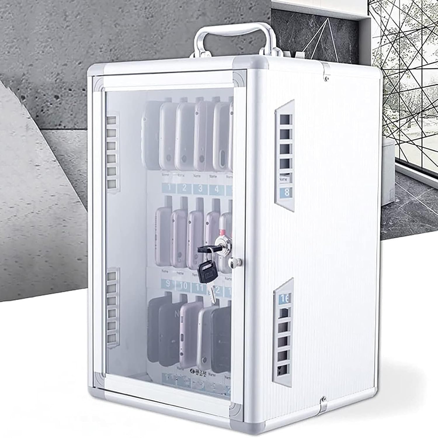 Wall-Mounted Cell Phone Locker Box, Aluminum Alloy Storage Cabinet for School & Office, Secure Handle & Lock, 12 Pocket Clear Mobile Phone Organizer Chart