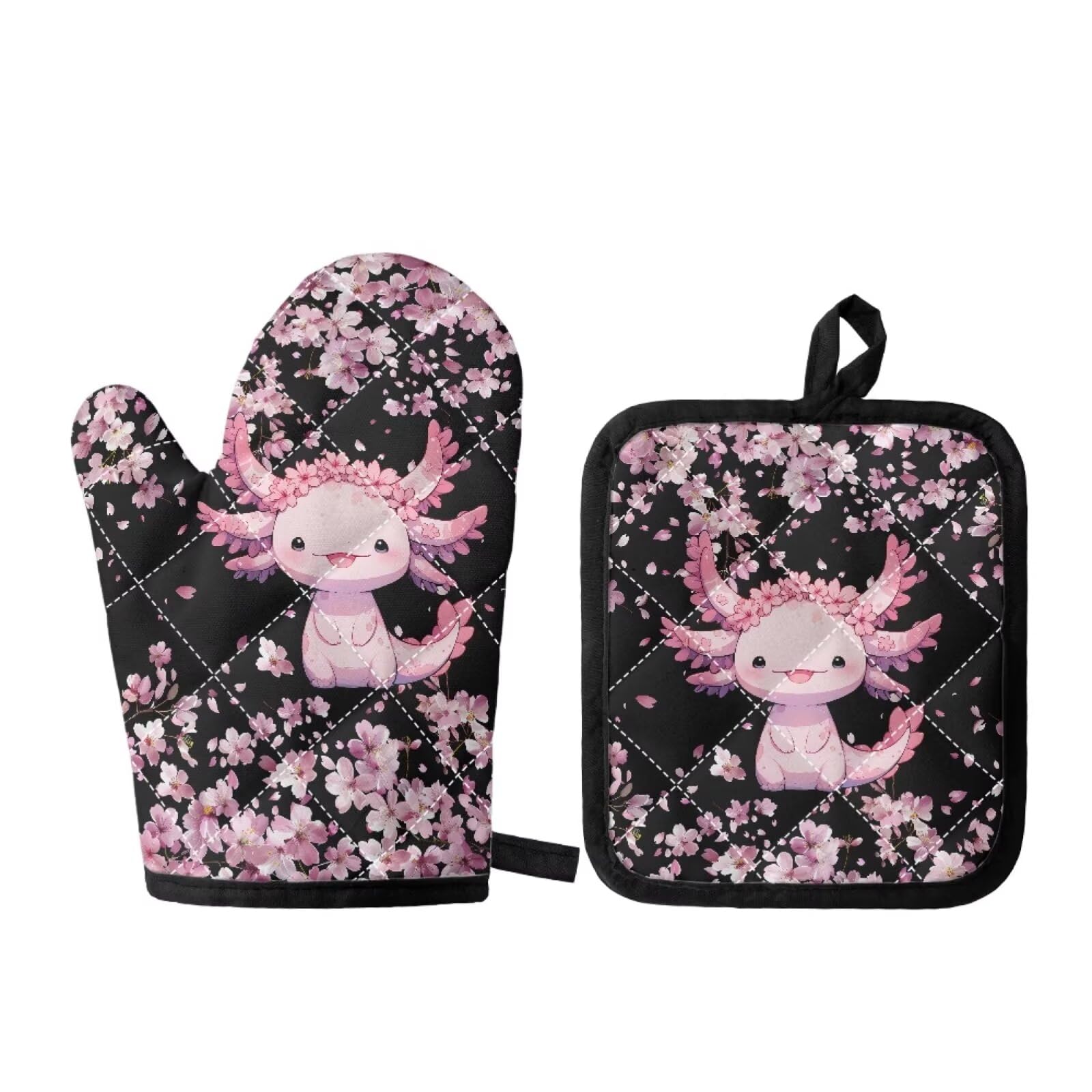 JOAIFO Cherry Blossom Oven Mitts for Women Cute Axolotl Potholder Mat Heat Resistant Kitchen Gloves, Premium Slip Resistant Flexible Oven Gloves