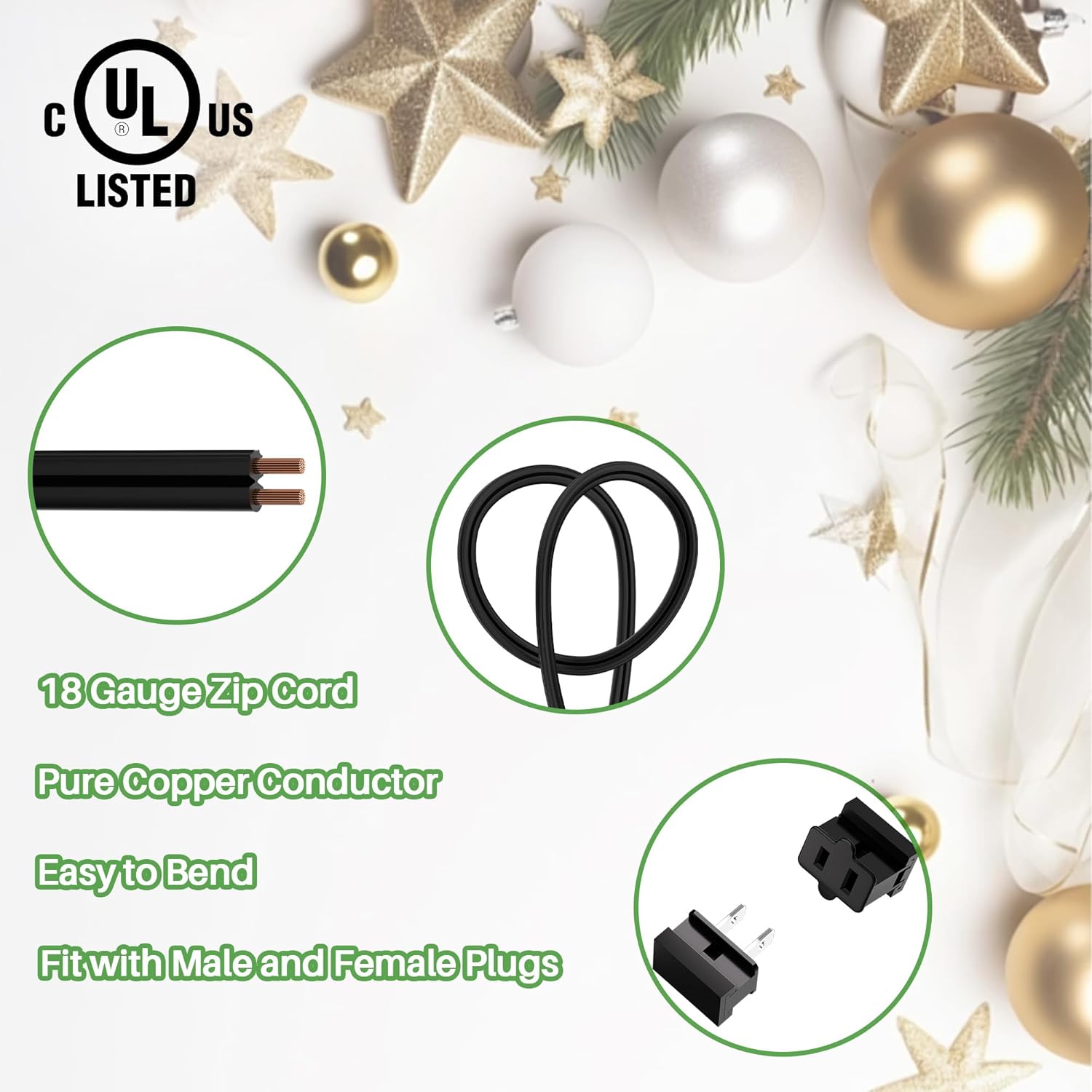 SPT-2 18 Gauge 2 Conductor Electrical Wire100FT, Lamp Extension Cable, Residential Outdoor Commercial Industrial, Halloween Christmas LED Lighting Strips, Includes 4 Sets of Vampire Plugs, UL Listed