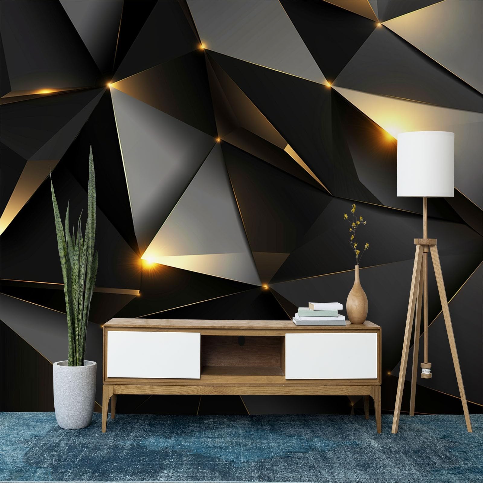 Malowidła ścienne czarna geometryczna tapeta w romb, złoty mural ścienny dekoracyjne tapety do salonu i sypialni (włóknina premium 220 g/m², 300 x 210 cm (szer. x wys.)