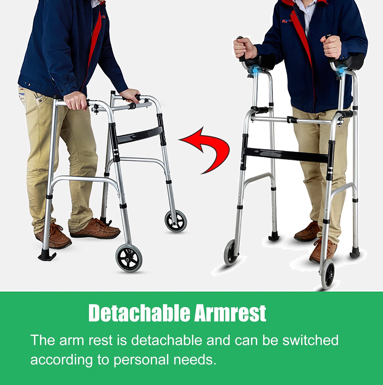 Andador con ruedas con asiento, plegable, ligero, con almohadilla for reposabrazos, andador portátil con ruedas for personas mayores, ayuda for caminar de aluminio de gran potencia