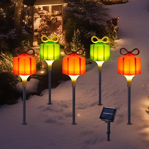 Miniatura 2 de BRIGHTDECK Paquete de 5 luces solares para caminos al aire libre, decoraciones de Navidad LED, caja de regalo colorida, luces de paisaje para