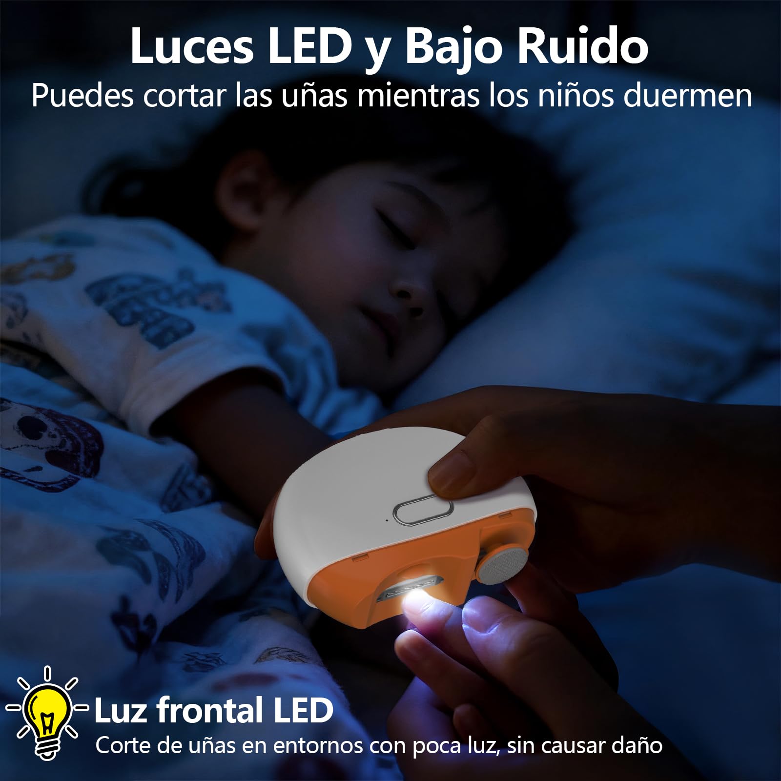 Cortauñas Eléctrico, 2 en 1 Cortauñas con Luz LED y almacenamiento de restos de uñas, 2 velocidades Cortaúñas Automático y Pulidor, Recargable Ruido bajo, para bebés, adultos y ancianos - Orange — view 6