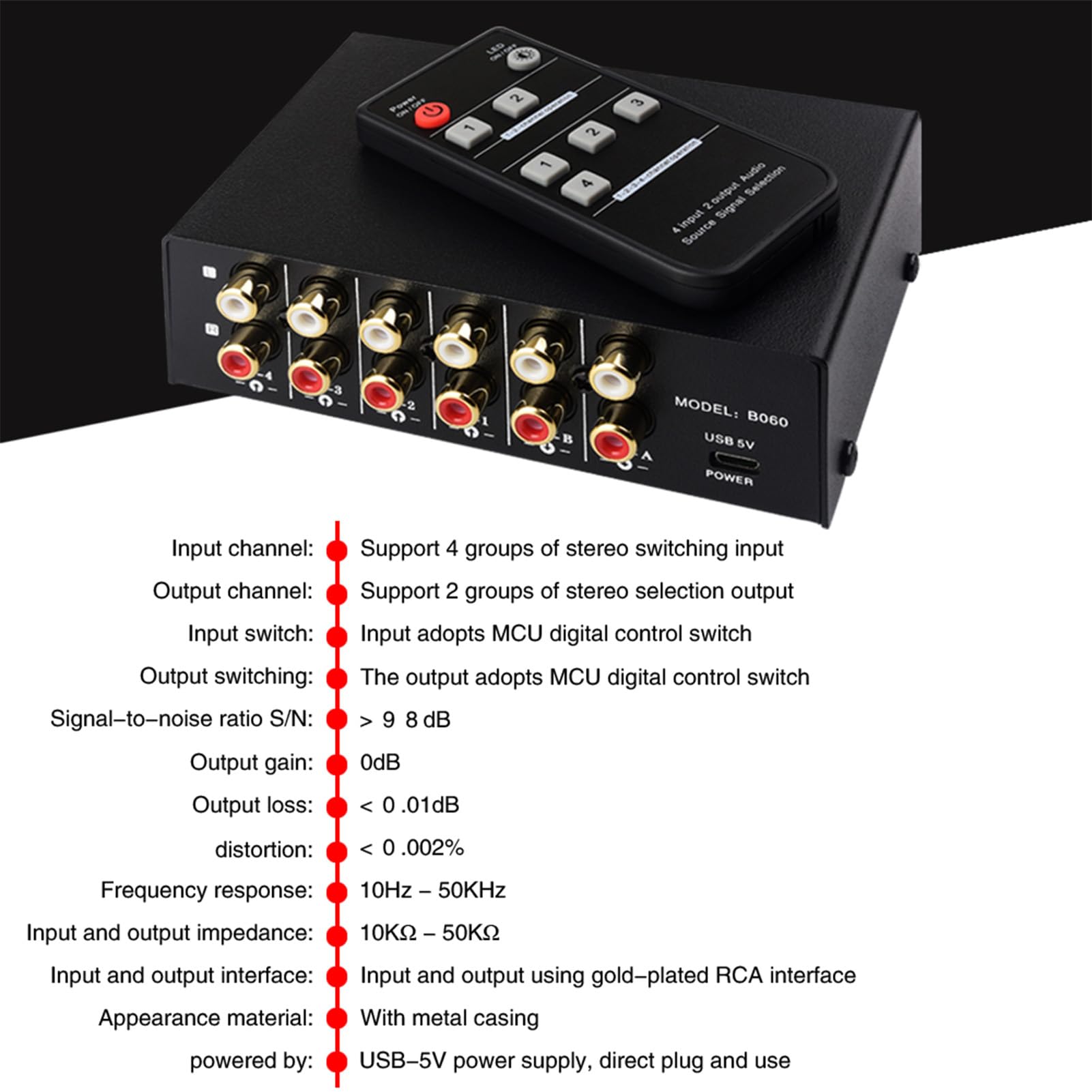 Selettore di Segnale di Frequenza 4 in 2 Uscite con Telecomando per TV Lettore CD MP3 Videogiochi, Versatile e Facile Usare, Ideale per L'intrattenimento Domestico