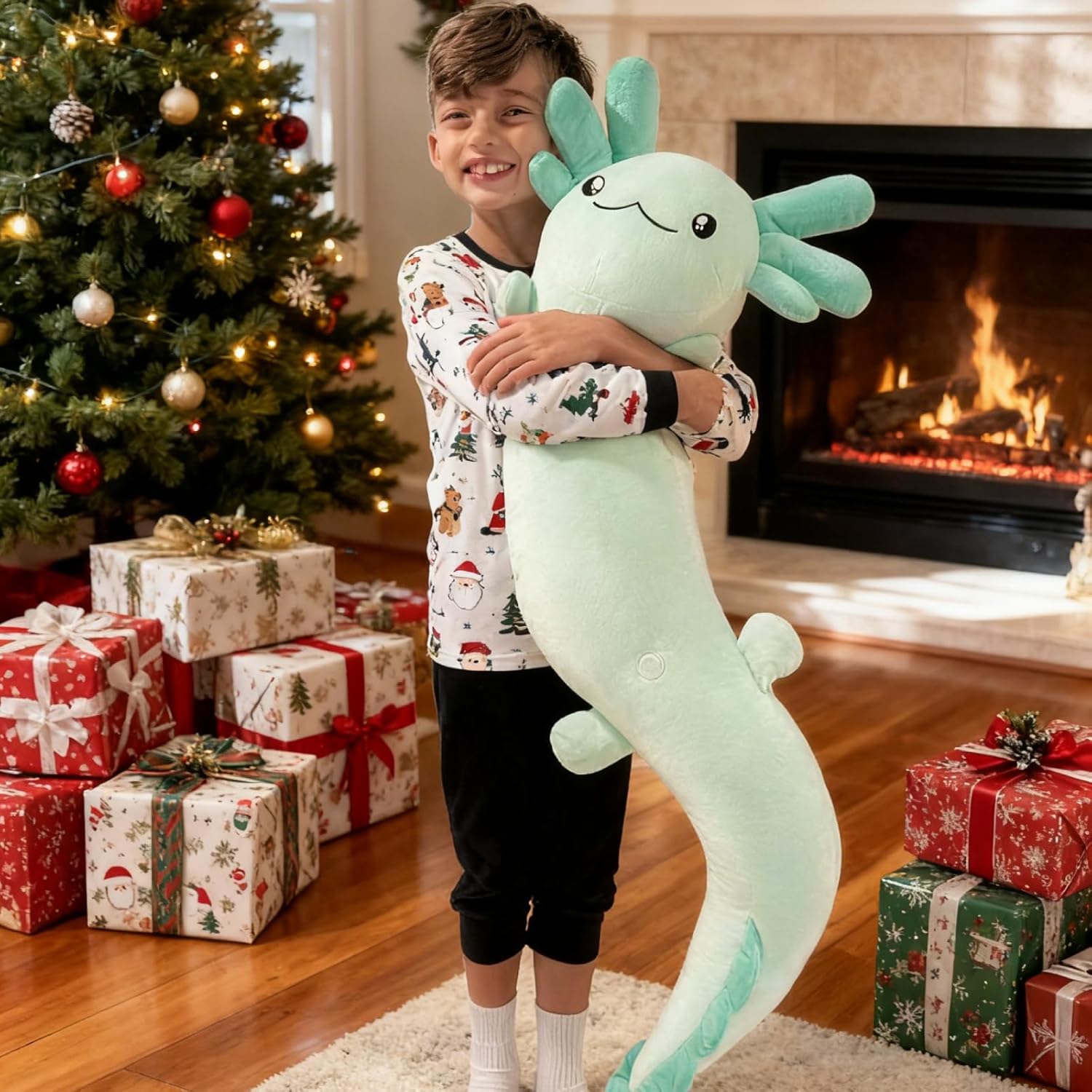 Tezituor Green Axolotl Plush Pillow Axolotl Stuffy 48'', 4ft Glow-in-Dark Stuffed Animal Plush Salamander Body Pillow for Axolotl-Lover 6-12 Girls Gifts Valentine's Day Christmas