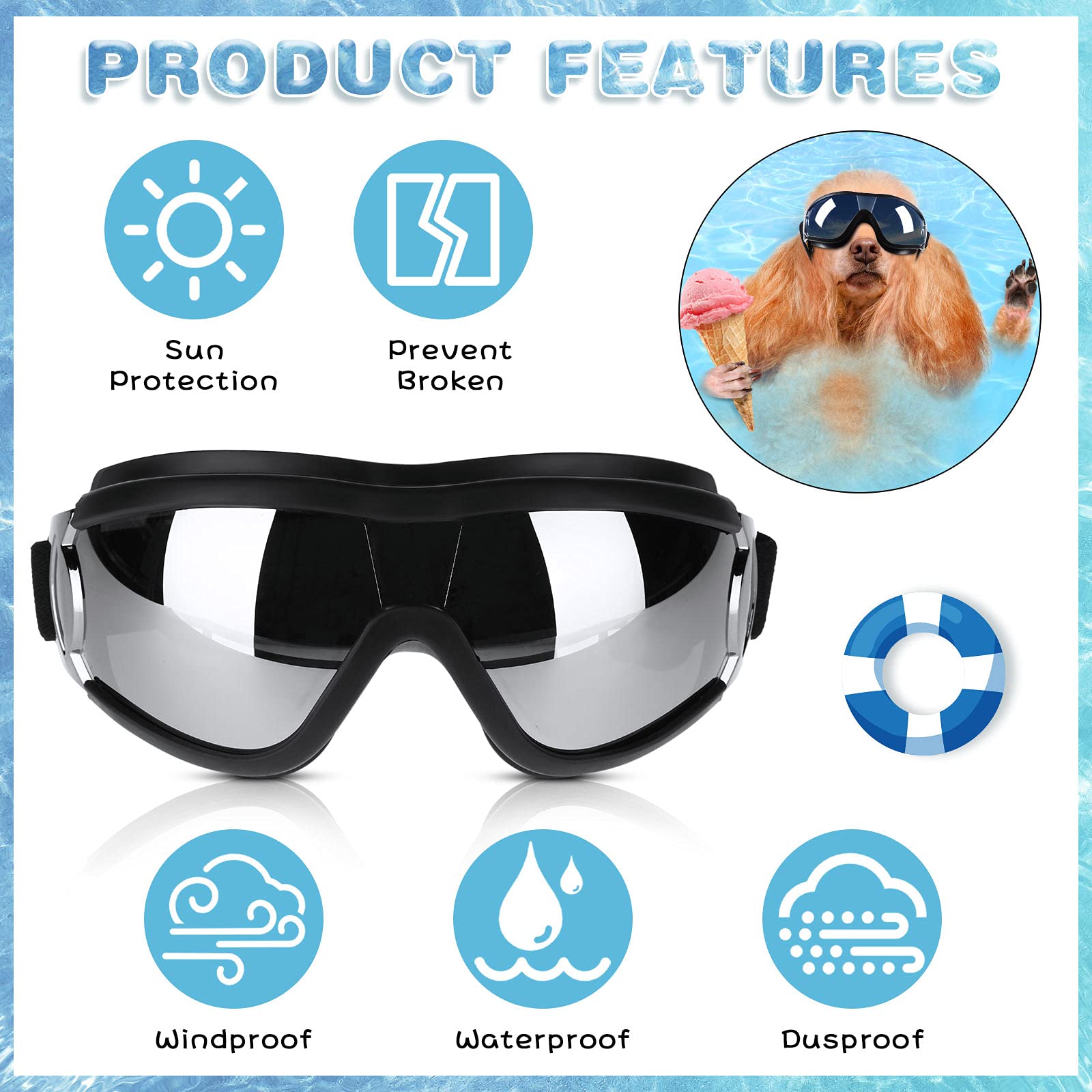 2 Pieces Dog Goggles Dog Sunglasses Snowproof Windproof Dog Glasses Pet Goggles for Travel Skiing Anti-Fog Dog Snow Goggles Dog Eye Protection Goggles with Adjustable Strap for Medium Large Dog