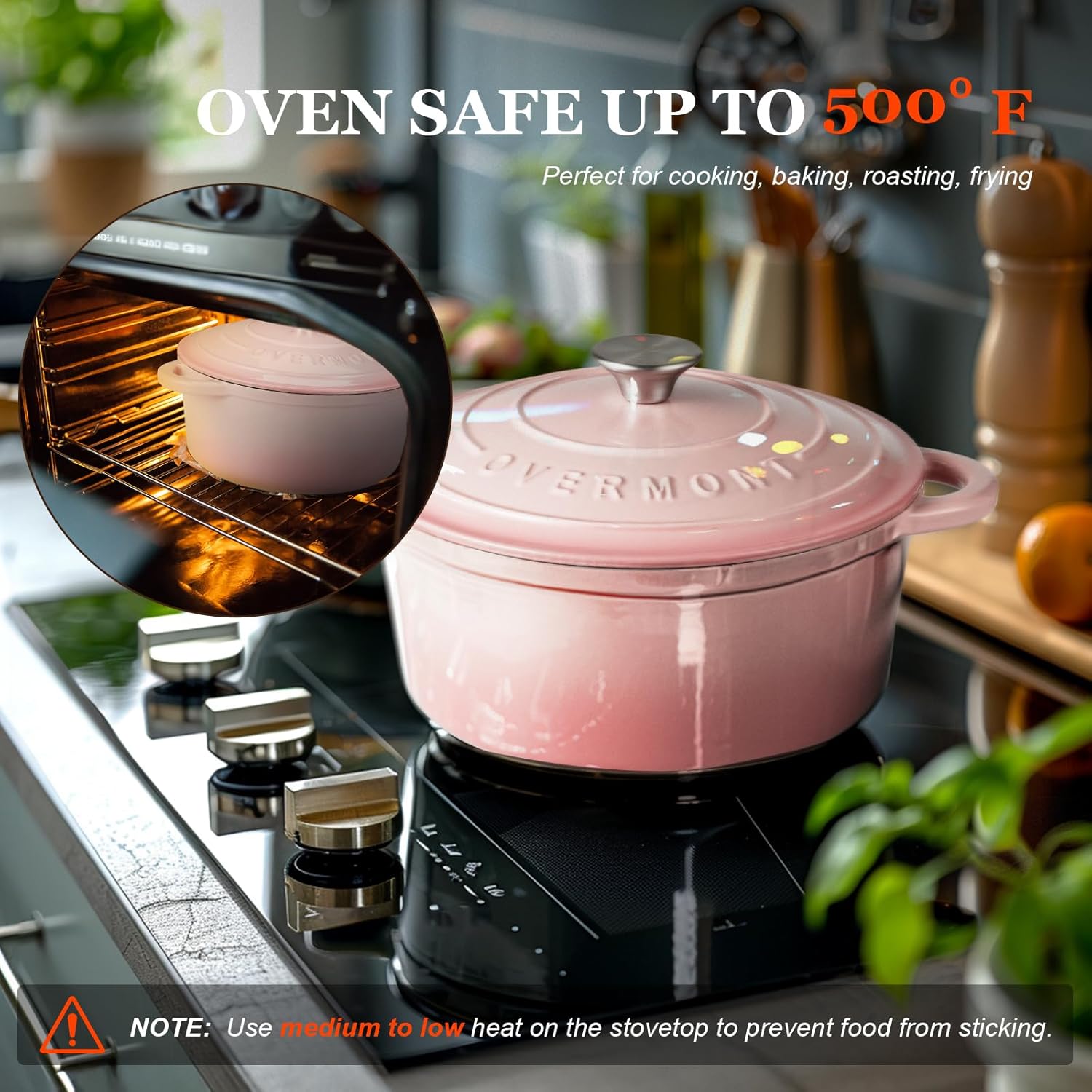 Overmont Enameled Cast Iron Dutch Oven - 5.5QT Pot with Lid Cookbook & Cotton Potholders - Heavy-Duty Cookware for Braising, Stews, Roasting, Bread Baking pink - Image 4