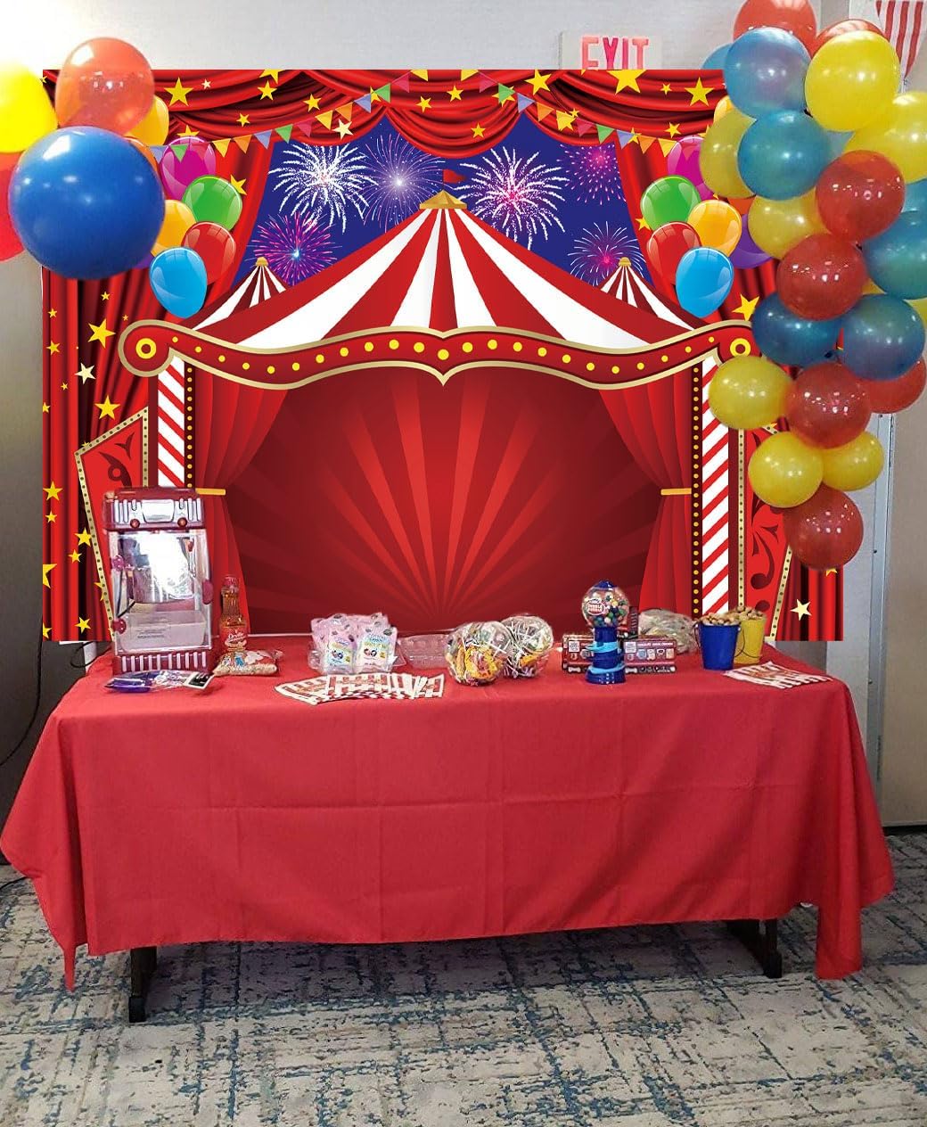 Circus Theme Backdrop Carnival Red Tent Photography Background Circus Amusement Park Fireworks Balloon Banner for Newborn Baby Shower Birthday Party Decorations Supplies (8x6FT: 96x72 inch)