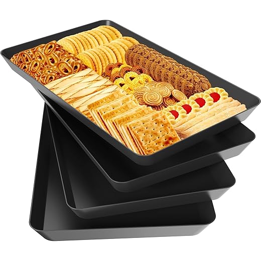 WOWBOX 4 pcs Serving Tray for Entertaining, Serving Platters for Snacks, Fruit, Cookies, Dessert, Reusable Plastic Trays for Serving Food and Pantry Organization in Kitchen & for Parties, (Black)