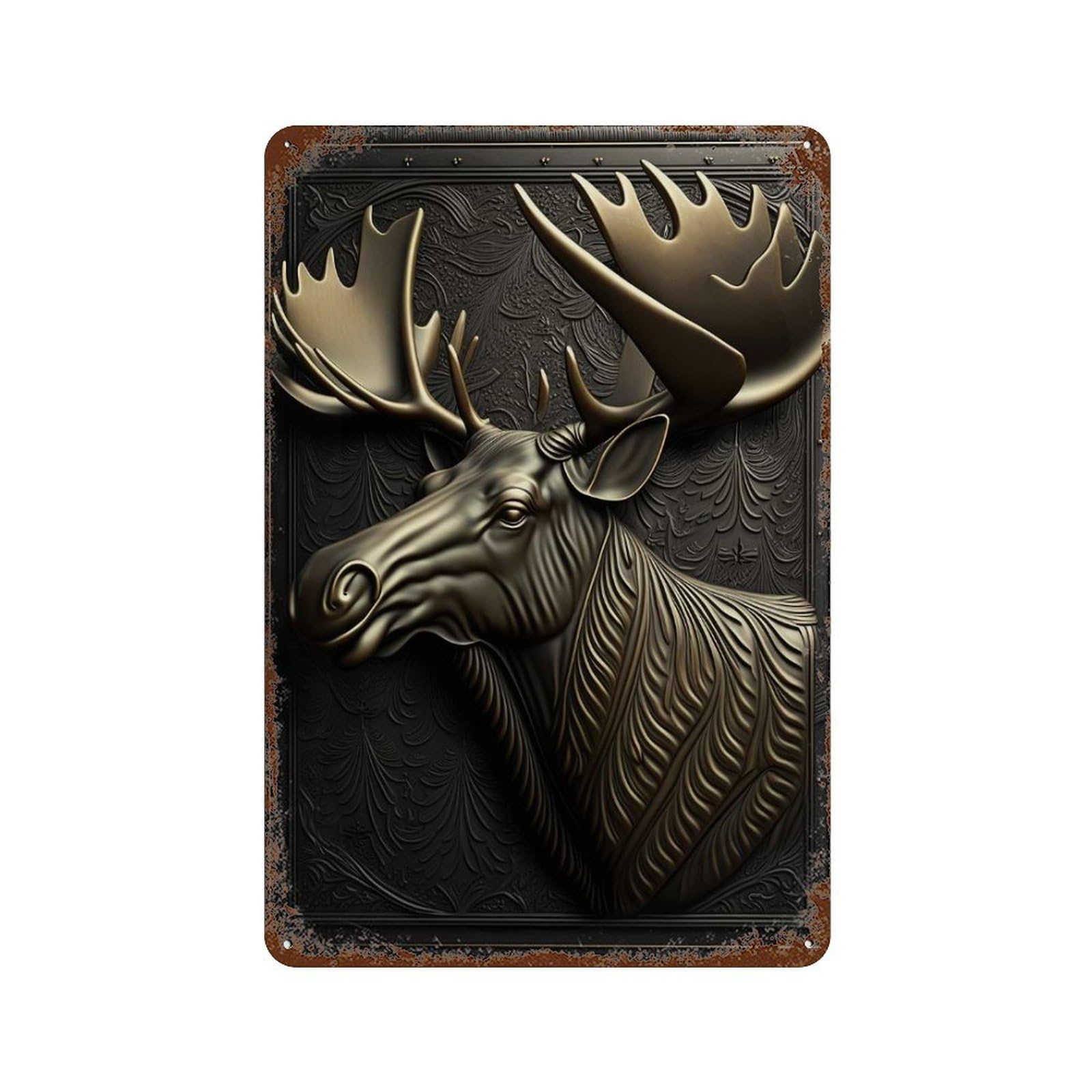 Rusty Metal Tin Sign with Moose Gold Relief Deco Design 11.8"x7.9", for Farmhouse, Kitchen And Entryway Decor, Classic Wall Plaque