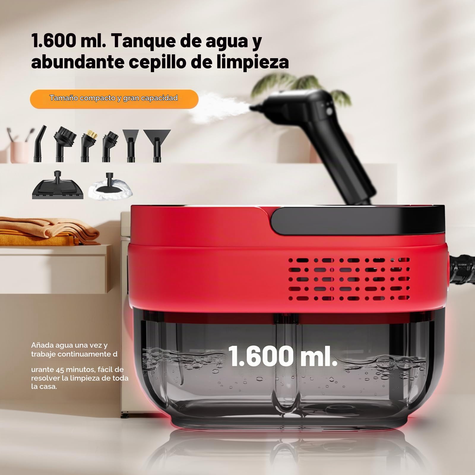 Limpiador a Vapor, Mango Ajustable en 3 Niveles, Depósito de Agua de 1,6L | Calentamiento en 15s, Steam Cleaner con 15 Accesorios, Vaporeta Limpieza Hogar para Ventanas, Cocina, Suelos, Auto, Bañ