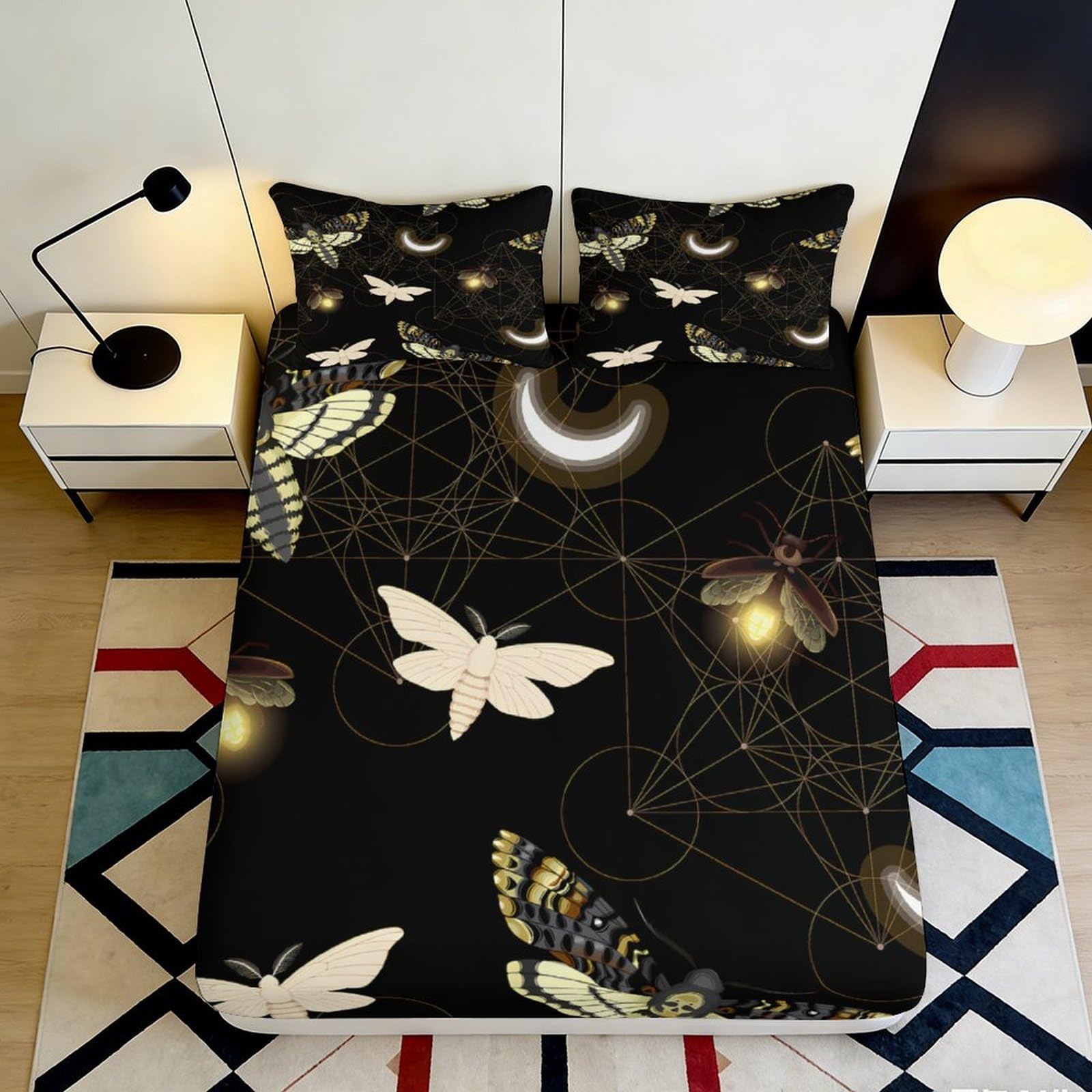 3D Printed Black Moth Fitted Sheet Microfiber Soft Breathable Night Butterfly Mattress Cover for Bedroom Dorm Home Decor 90x200x25cm