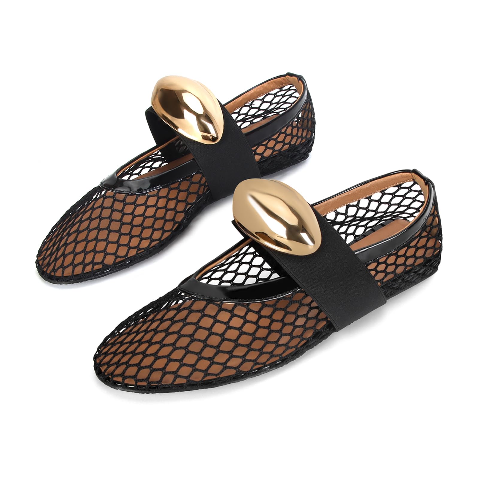 DOEYG Mesh Ballet Flats for Women Buckle Strap Comfy Casual Office Fishnet Ballerina Flat Shoes