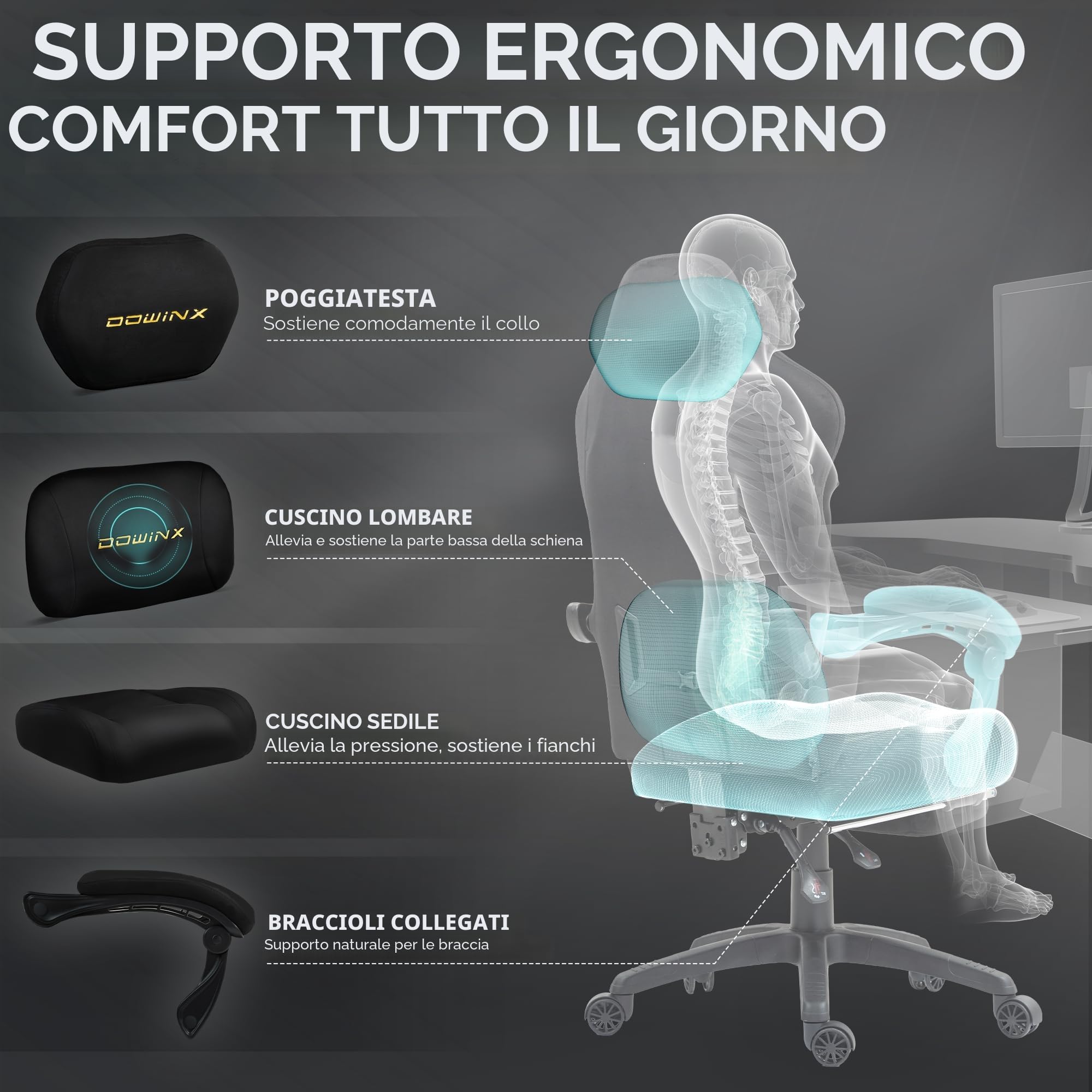 Dowinx Sedia da gaming, ergonomica, con cuscino lombare, poggiatesta regolabile in altezza, cuscino ispessito, poggiapiedi allungabile, braccioli regolabili, velluto in microfibra