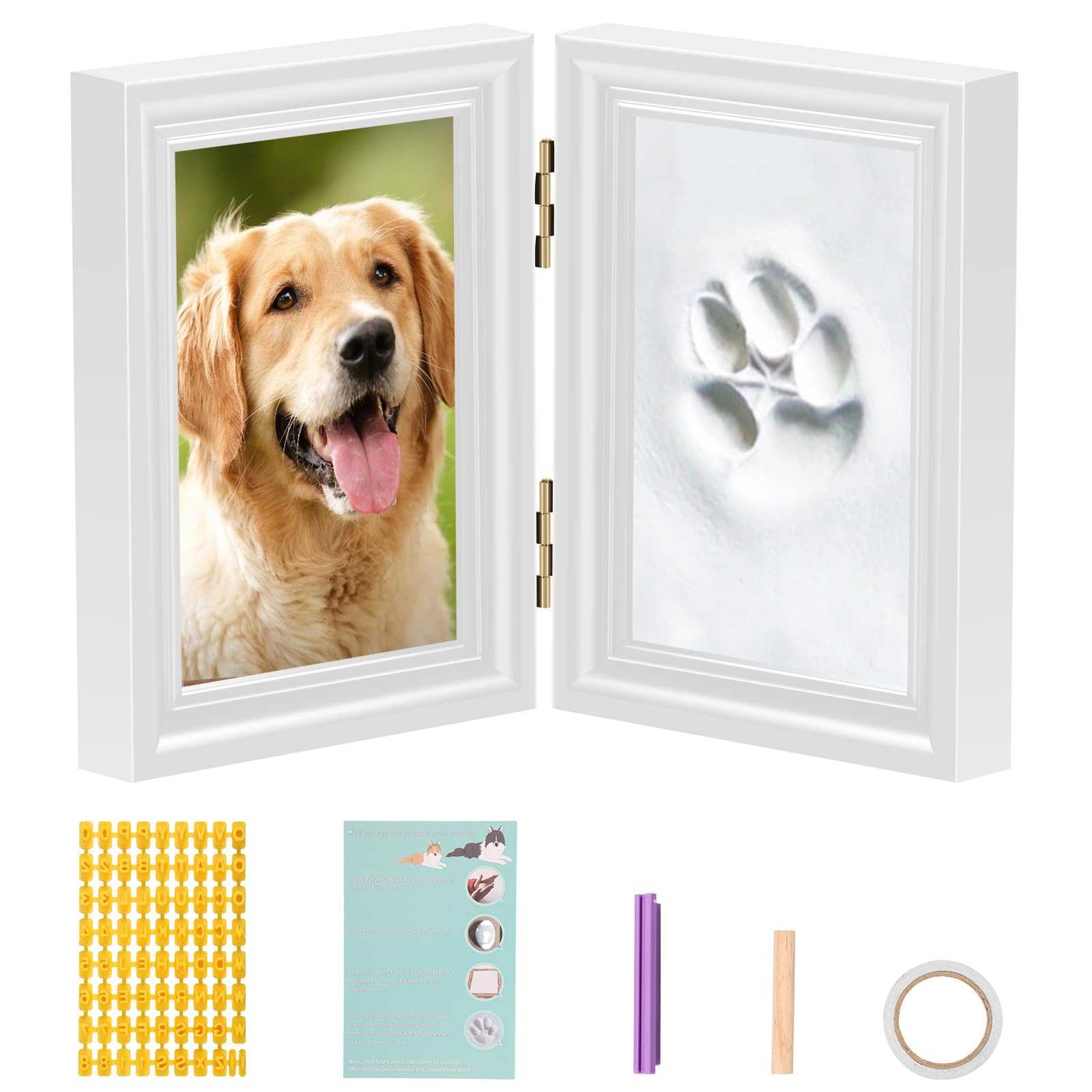 dog Paw Print Kit with Photo Frame Holds 5x7inch Picture, Personalized Pet Paw Print Kit with Imprint Clay, Practical Memorial Gifts Keepsake for Pet Lovers(white)