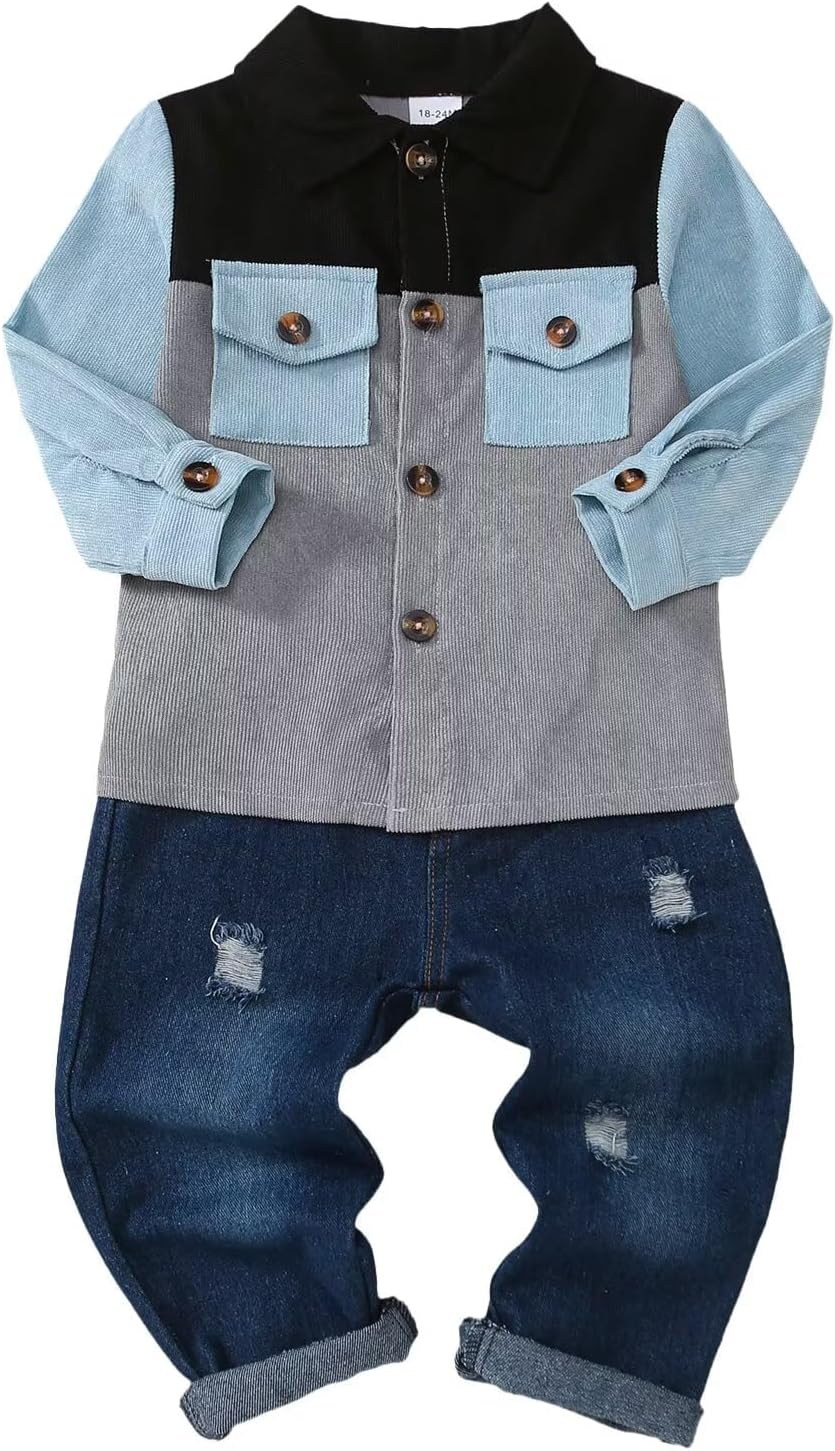 Toddler Baby Boy Fall Winter Clothes Long Sleeve Patchwork Sweatshirt Ripped Holes Jeans Set 18M-6T