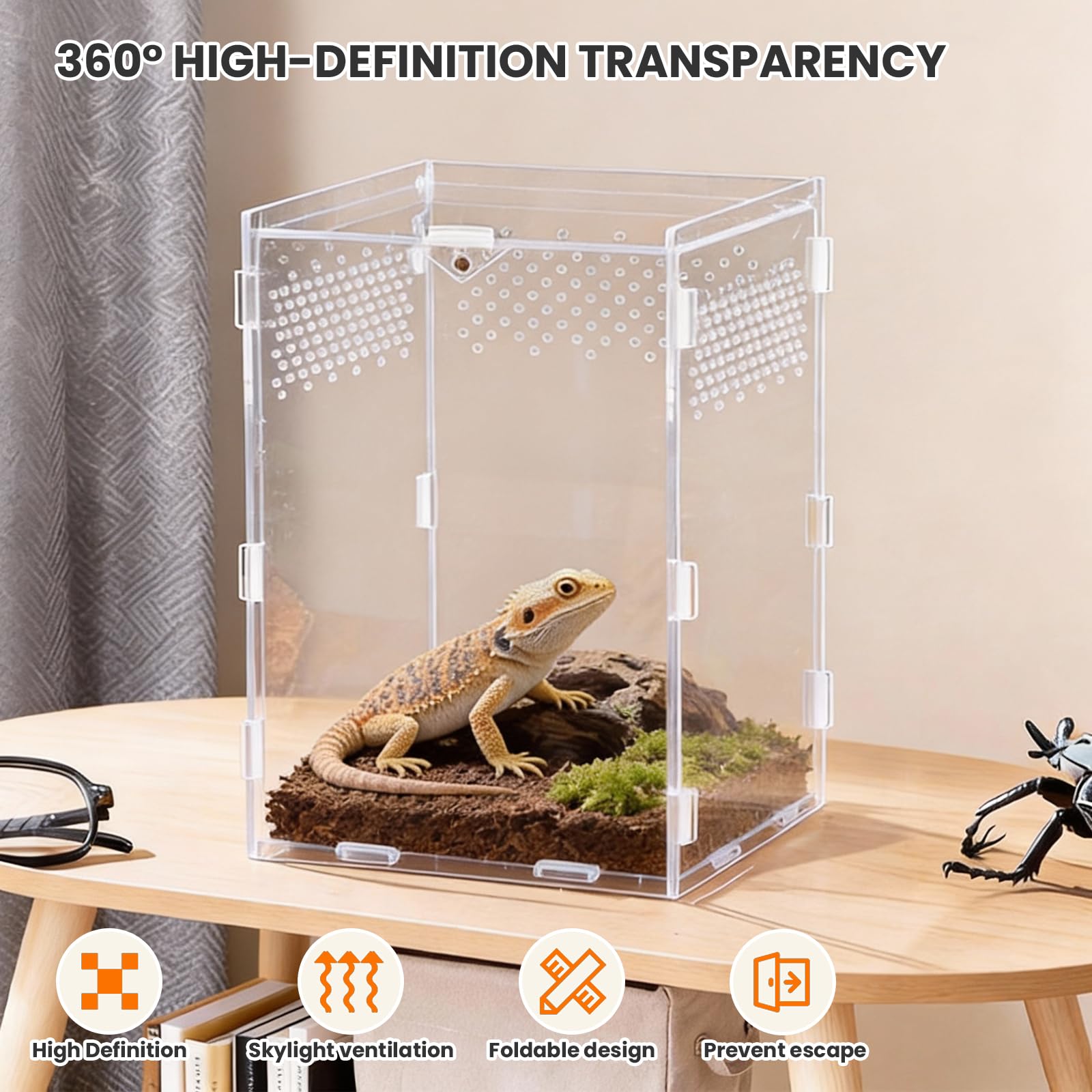 Akrylowe terrarium dla gadów, 20 x 12 x 12 cm, akrylowe terrarium z termometrem i pęsetą, oddychająca obudowa do hodowli gadów, plastikowa obudowa na skorpiony, krocionogi