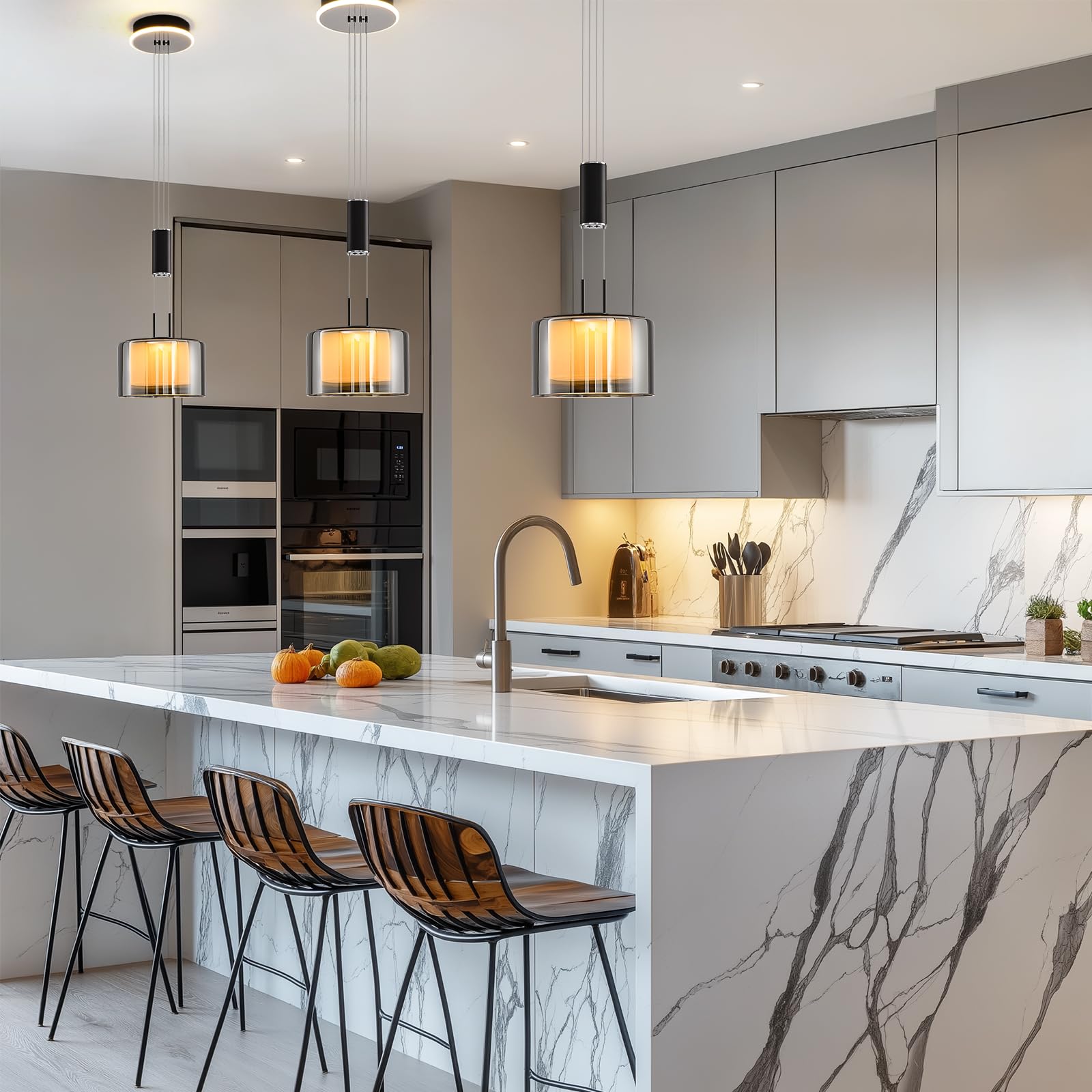 Modern Pendelleuchte Glas, Dimmbare Hängeleuchte Esstisch, Led Esszimmerlampe Höhenverstellbar, Hängelampe Wohnzimmer, Küchenlampe Hängend mit Glas Lampenschirm und Fernbedienung