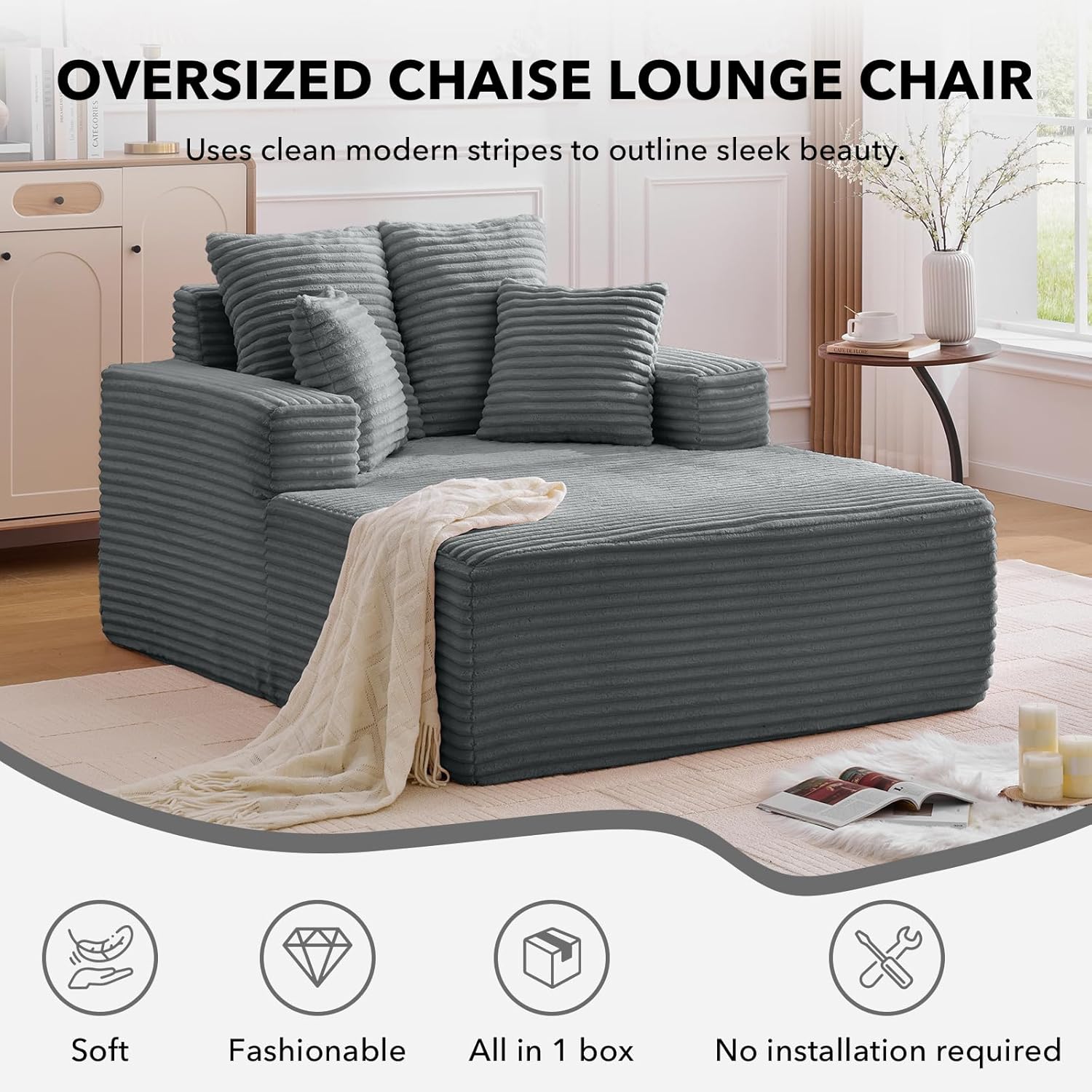 Oversized Chaise Lounge Chair, Corduroy Upholstered Sleeper Sofa with Throw Pillows, Modern Cloud Sofa with Deep Seat, No-Assembly Sofa Chaise for Living Room (Grey) | Throw Pillows, Deep Seat, No-Assembly, Selected Materials