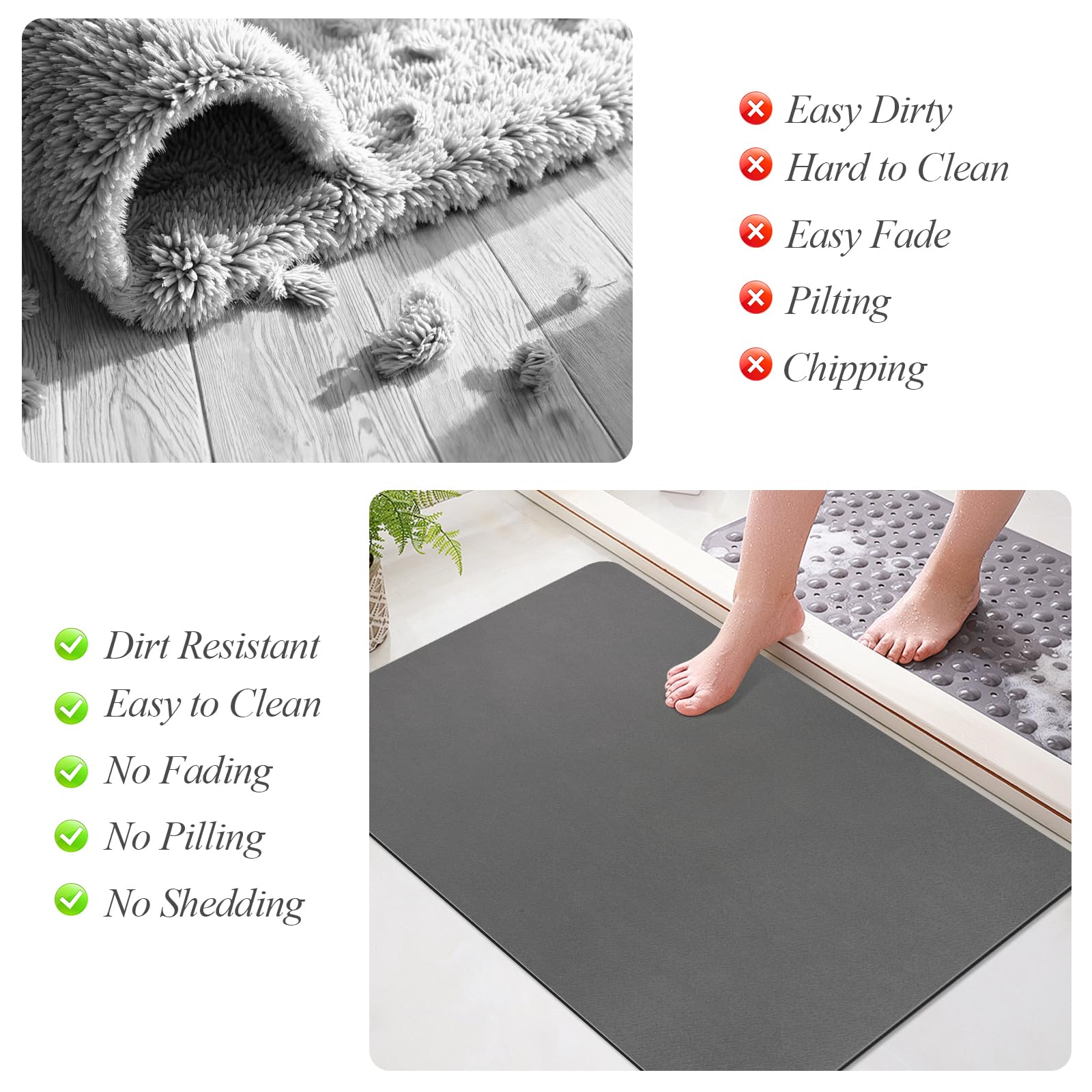 Tapis de Bain Antidérapant Super Absorbant Diatomite Tapis Salle de Bain Microfibre, Microfibre de Doux Séchage Rapide, pour Portes de Salle de Bains, Salon (Gris Foncé, 40x60cm)