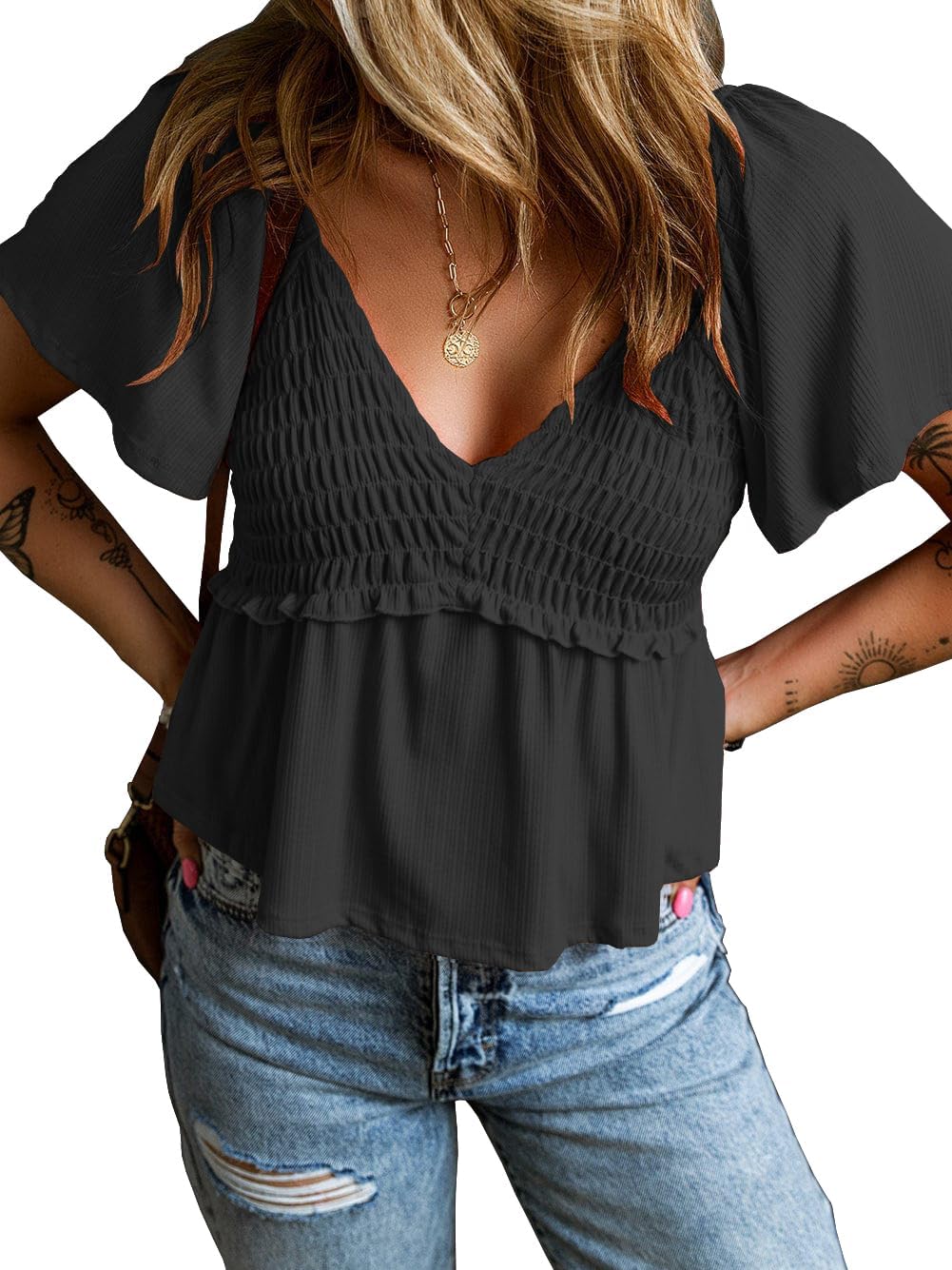 Women Short Flutter Sleeve V Neck Pleated T Shirts Casual Solid Slim Fit Blouse Tops - Image 3