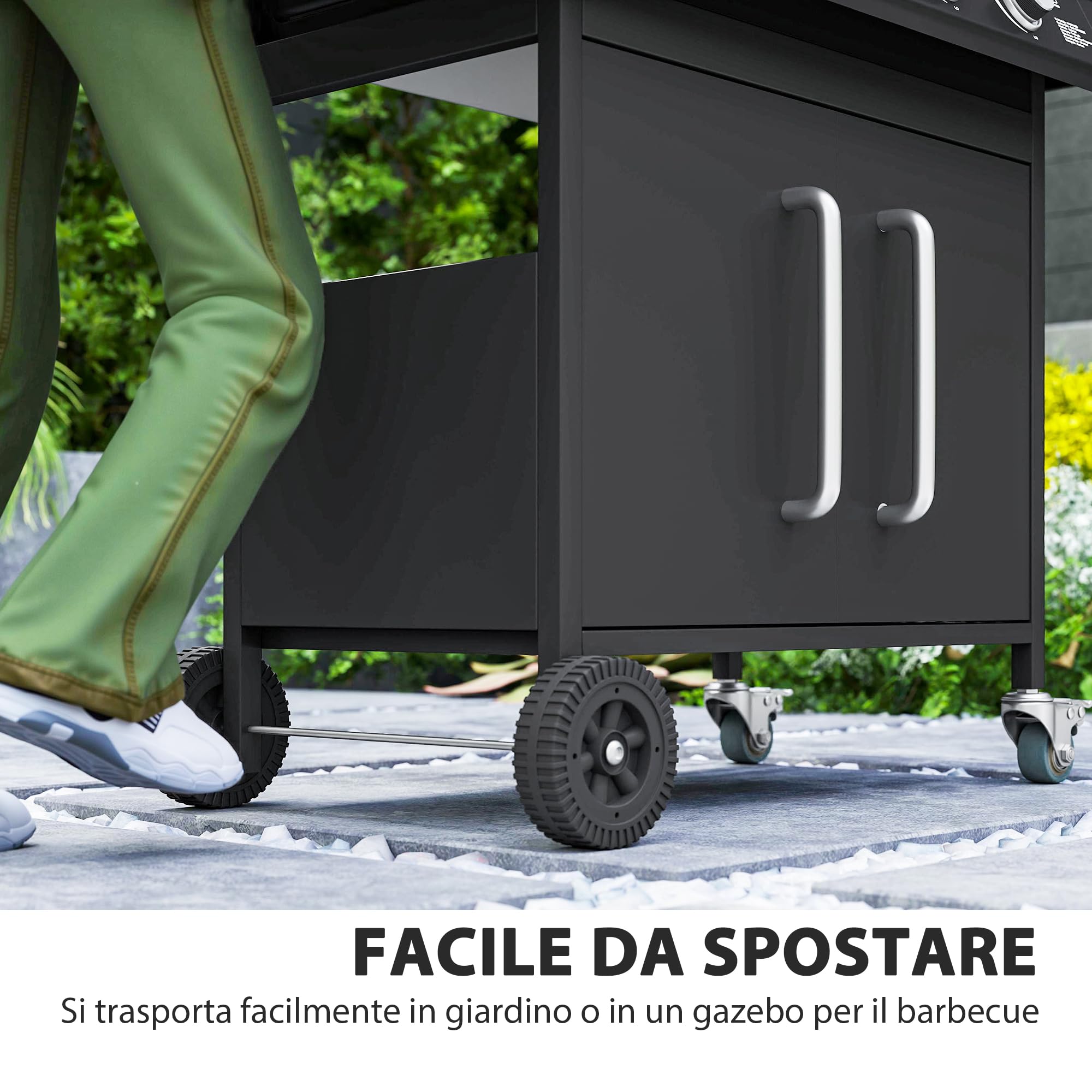 Outsunny Barbecue a Gas 4+1 Bruciatori 15.2 KW Acciaio PP con Ruote Armadietto Termometro Nero
