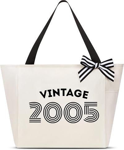 Vavabox Sac de Plage Femme, Cadeaux d'Anniversaire Unique pour 16/18/30/40/50/60 Ans, Cabas Vintage Personnalisable (2005, Blanc)