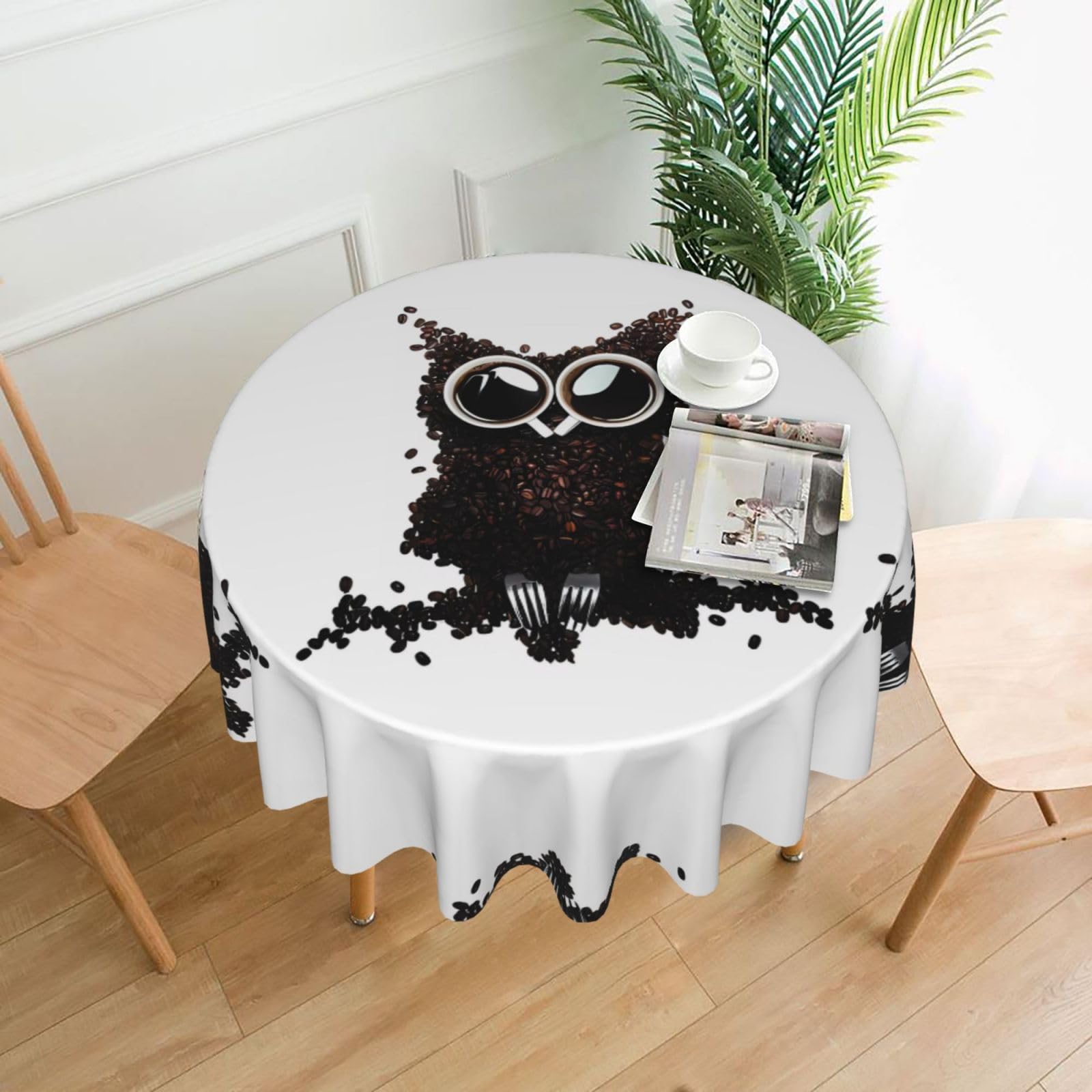 MROWYC coffee bean owl Printed Practical Round Tablecloth, Durable, Suitable for Home, Restaurant, Hotel, Gathering, and Decorative Table Covers
