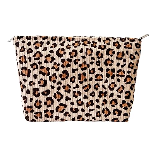 Leopard Print Corduroy Makeup Bag for Women – Soft Cosmetic