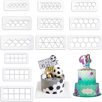 12 Pcs Cake Fondant Cutter, Fish Scale Fondant Cutters 4 Size Geometric Biscuit Cutters Cake Decorating Cookie Cutter Cake Border Decorating Tool for Square & Hexagon Cookie Cutters