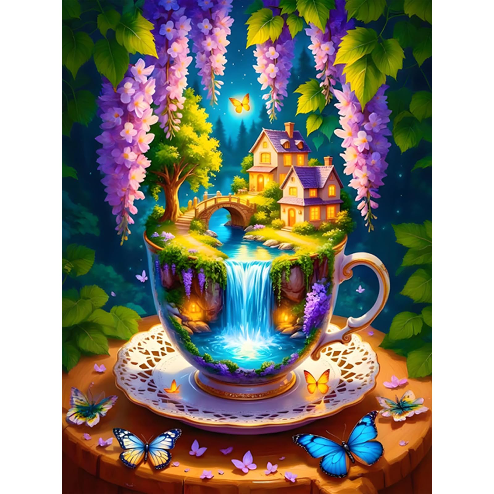 Flowers Diamond Art Kits, 5D Waterfall Diamond Painting for Adults, DIY Butterfly Full Round Drill Gem Kits for Gift Home Wall Decor 12x16 Inch