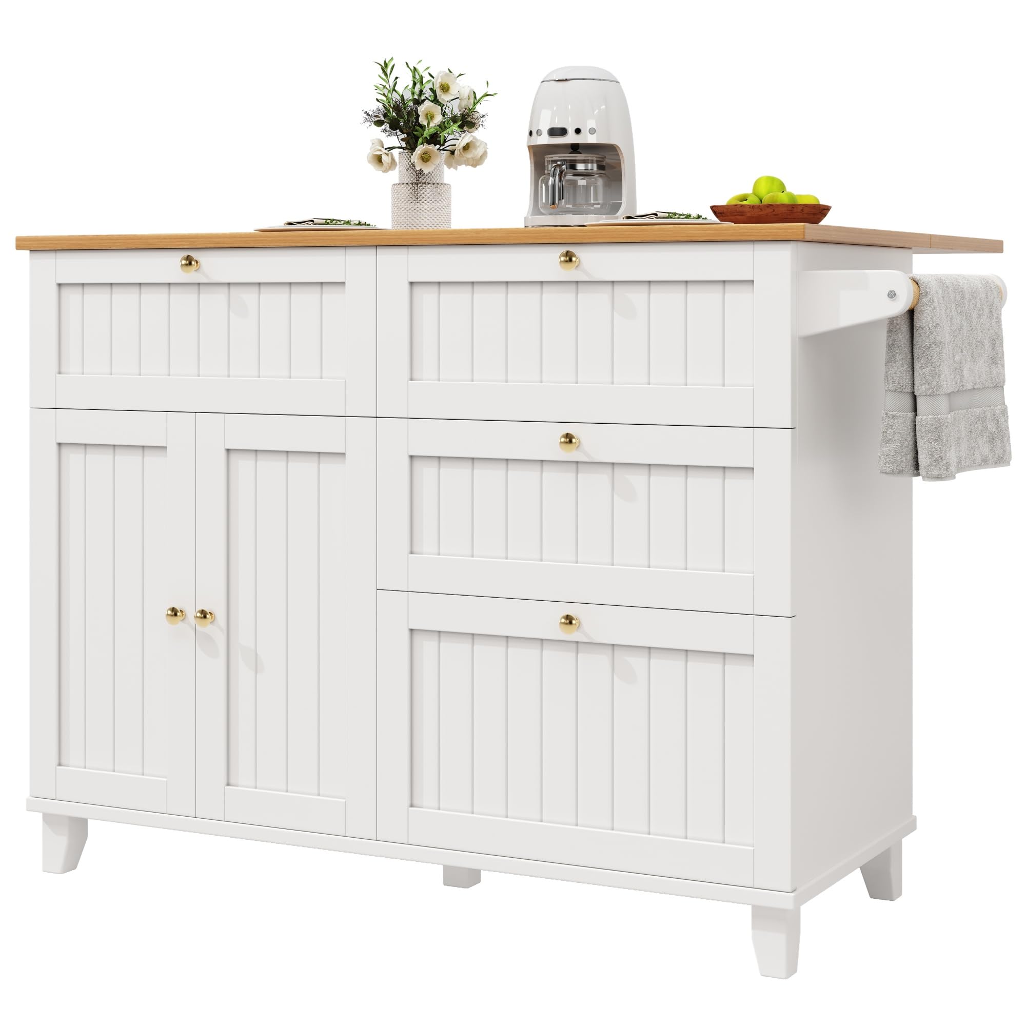 Carro de cocina, 133 x 70 x 88 cm, isla de cocina con 2 cajones, 3 estantes para especias y toallero, carro multifuncional con encimera extensible, aparador, blanco