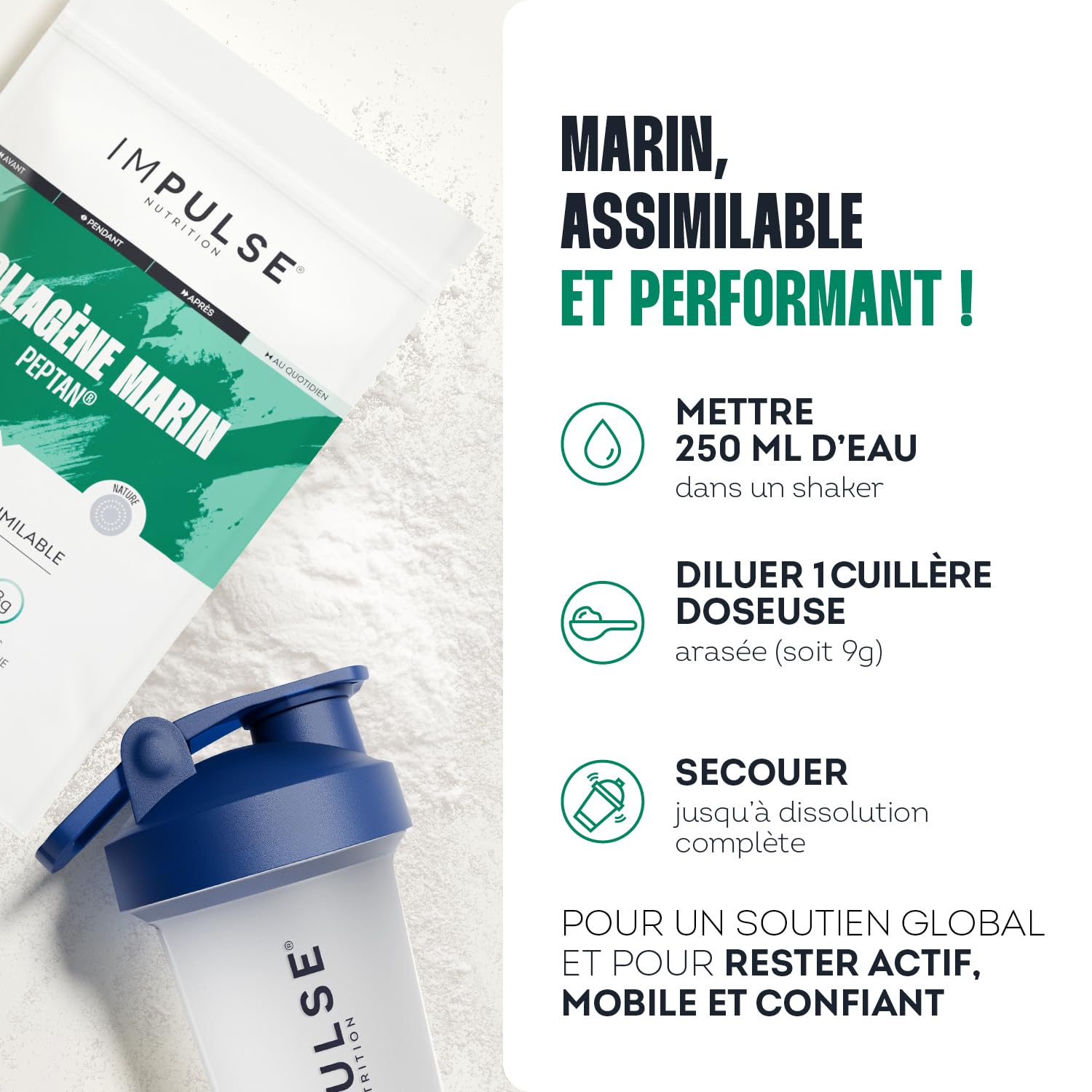 Impulse Nutrition - Collagène Marin Hydrolysé Type 1 Peptan® en Poudre avec Vitamine C - Complément Alimentaire Récupération, Articulations & Peau - 270g - Goût neutre - Fabriqué en France