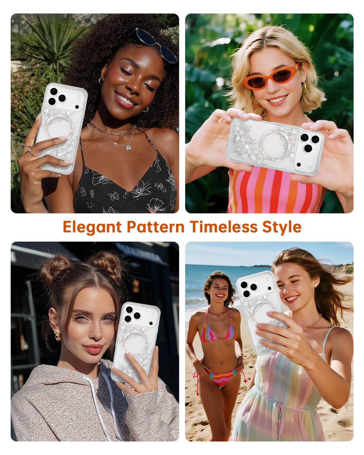 SCORPIFY Funda Compatible con iPhone 17 Pro [Compatible con MagSafe] con Brillo Perlado Brillante, Funda magnética Transparente para Mujeres, diseño de láminas Plateadas Brillantes y nácar