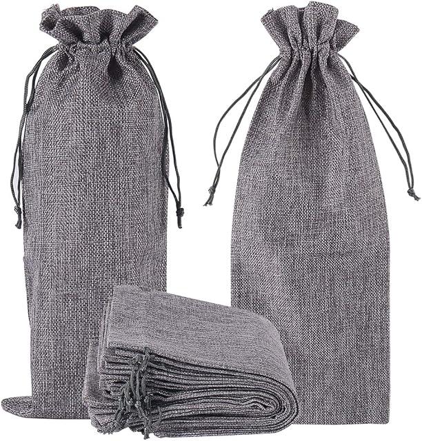 12pcs Jute Burlap Wine Bags, Hessian Cloth Bottle Gift Bags Drawstring for Holiday Giving Blind Taste Party (Grey)